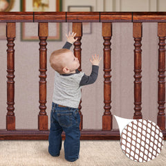 Dovesail Banister Guard on a stair rail offers a clear safety barrier.