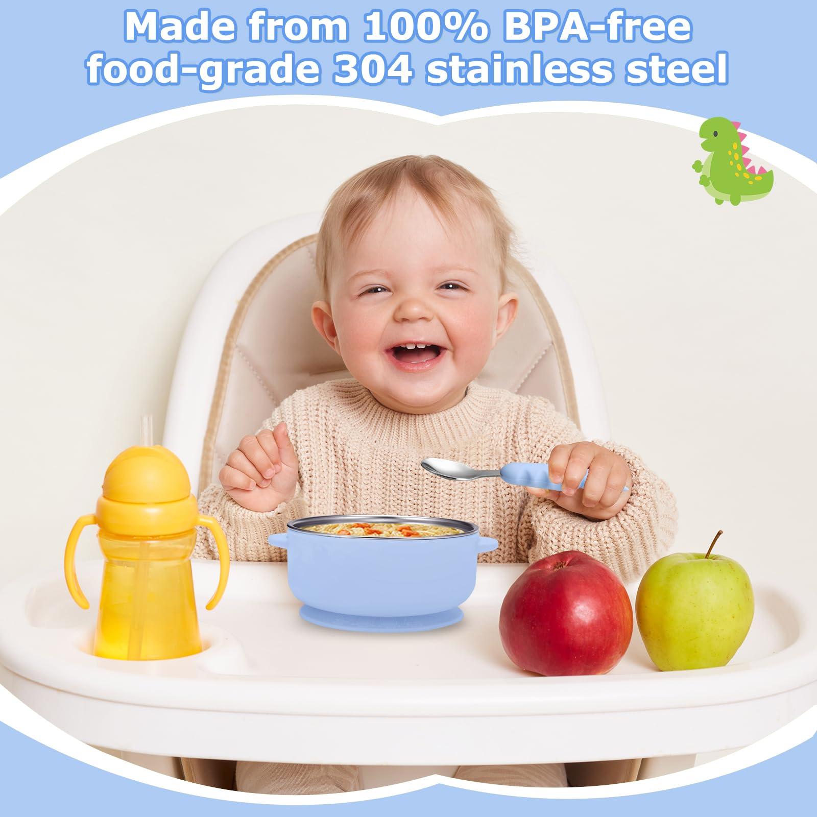 Dovesail suction-base on table demonstrates spill prevention during feeding.