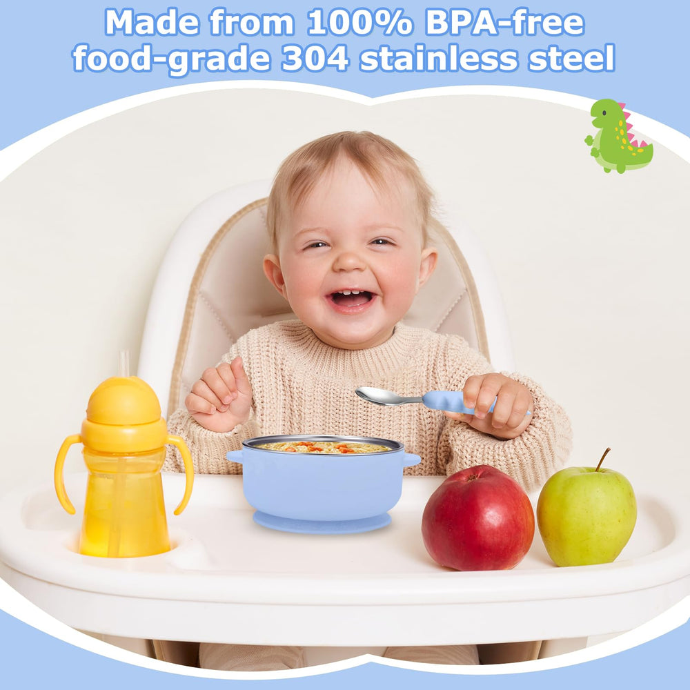 Dovesail suction-base on table demonstrates spill prevention during feeding.