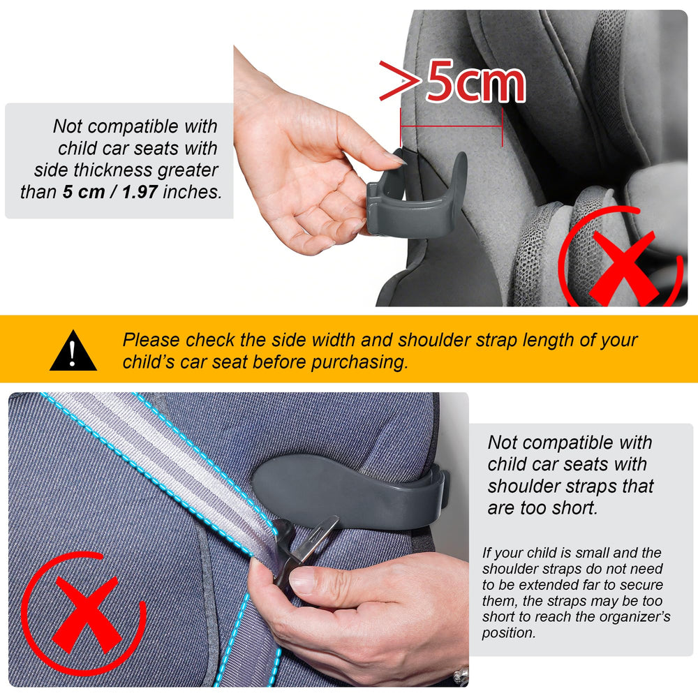 Doytn car-seat strap organizer clip grey in-use demonstrates secure, simple strap positioning.