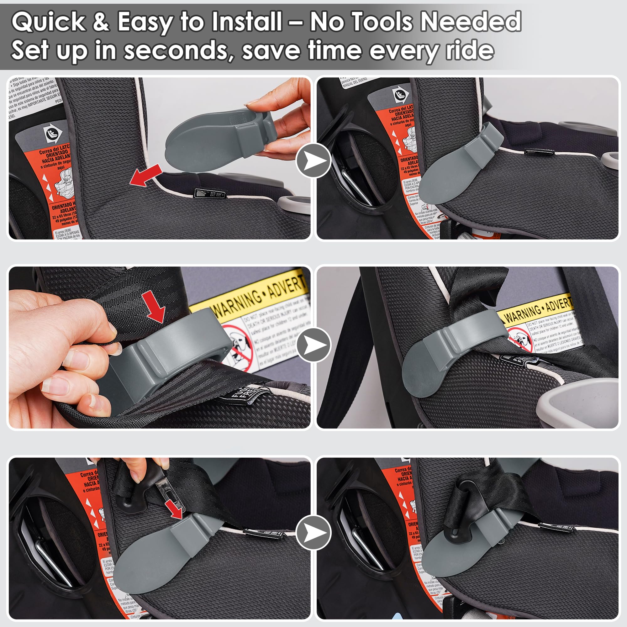 Doytn toddler-car-seat clip shows easy-access strap management.