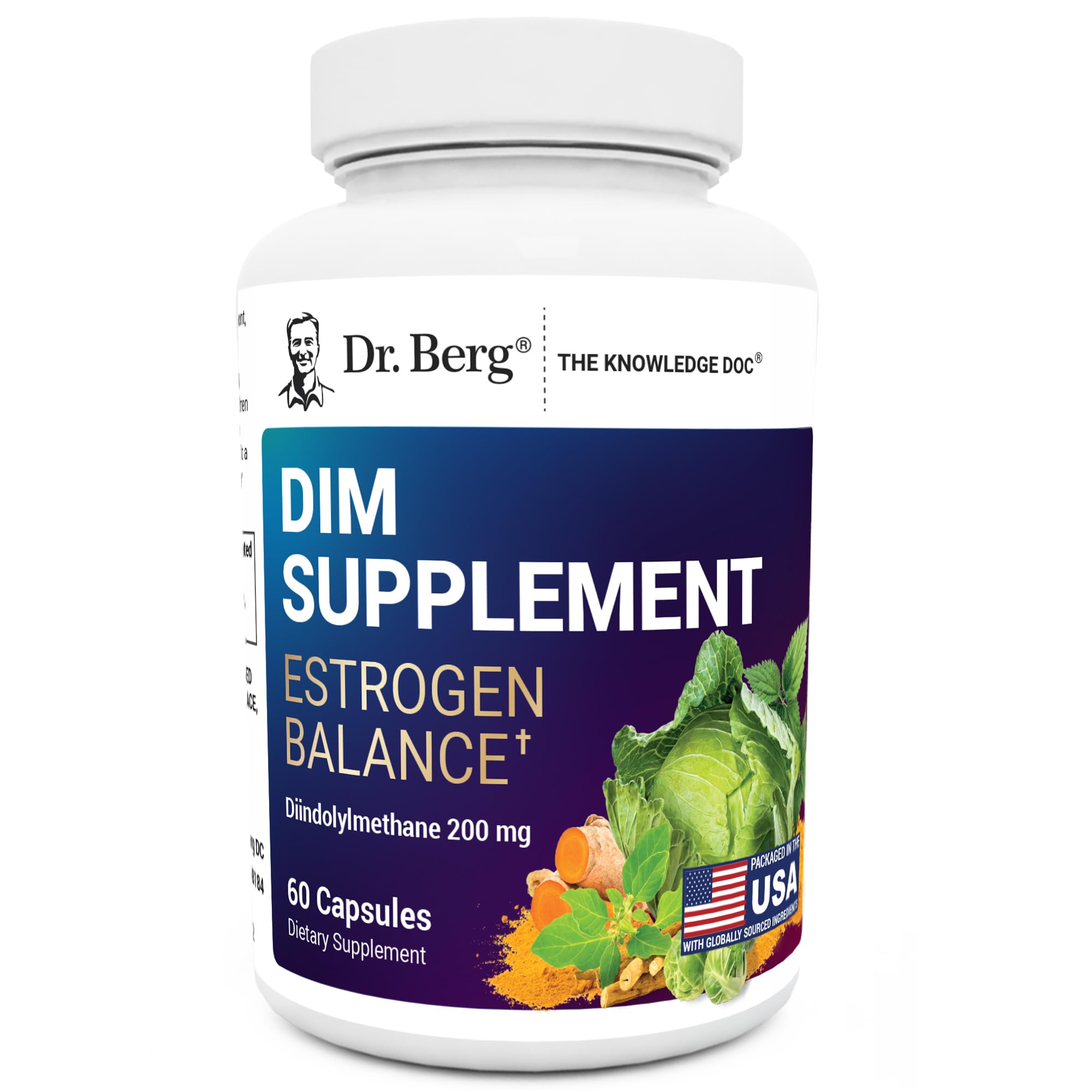 Dr. Berg DIM supplement bottle shows convenient capsules for daily hormone support.