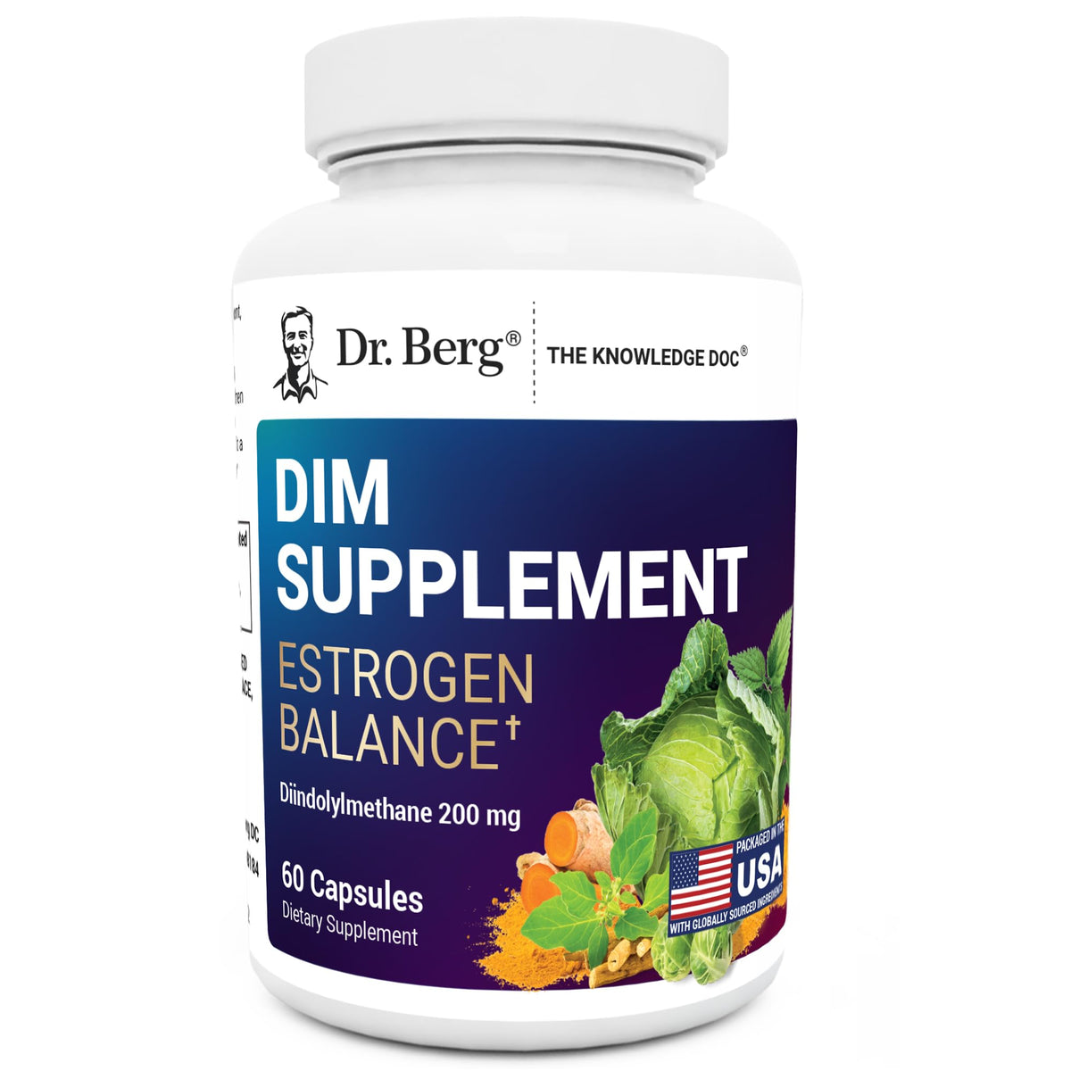 Dr. Berg DIM supplement bottle shows convenient capsules for daily hormone support.