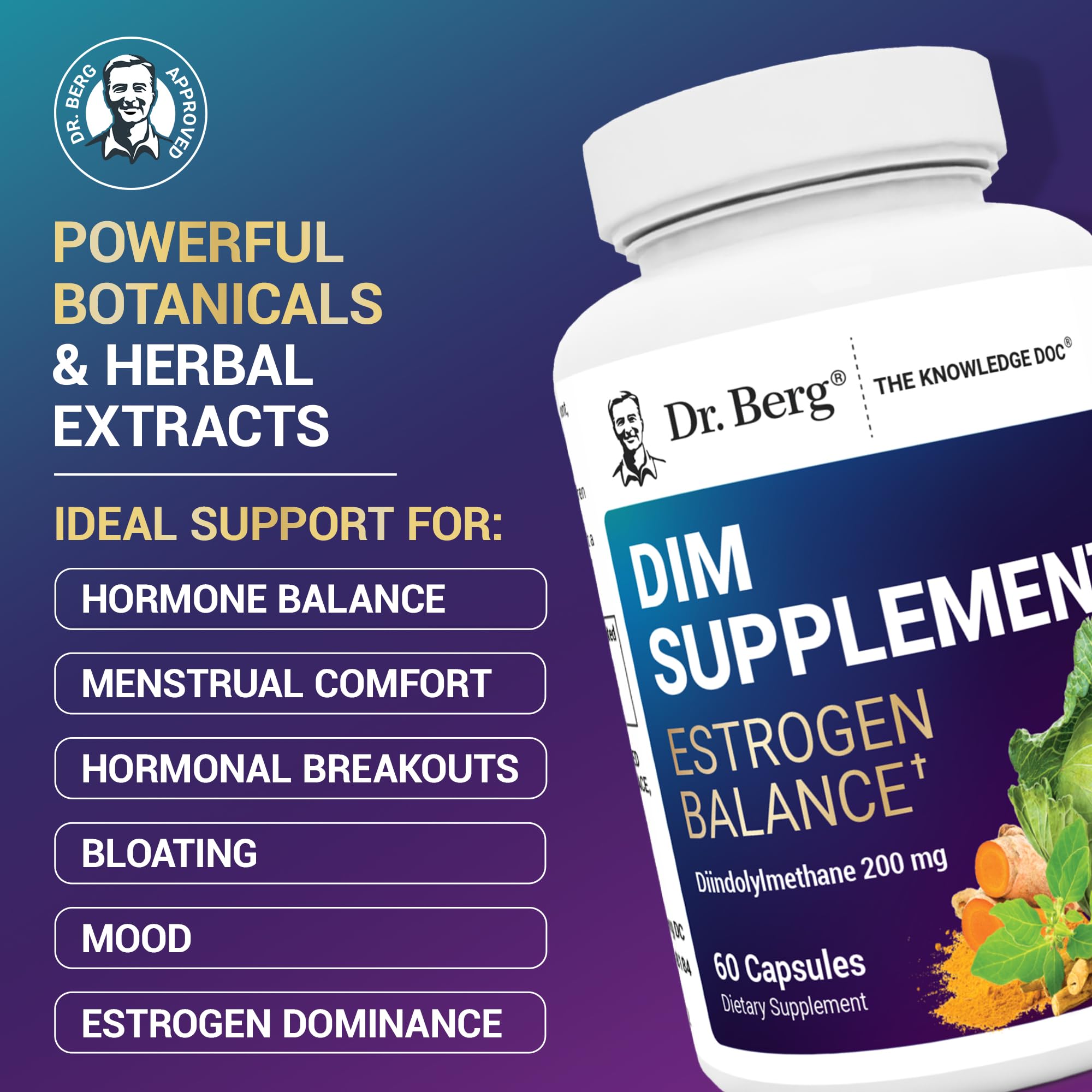 Dr. Berg DIM supplement label highlights DIM and black pepper for absorption.