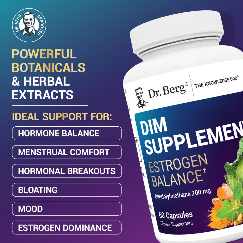 Dr. Berg DIM supplement label highlights DIM and black pepper for absorption.