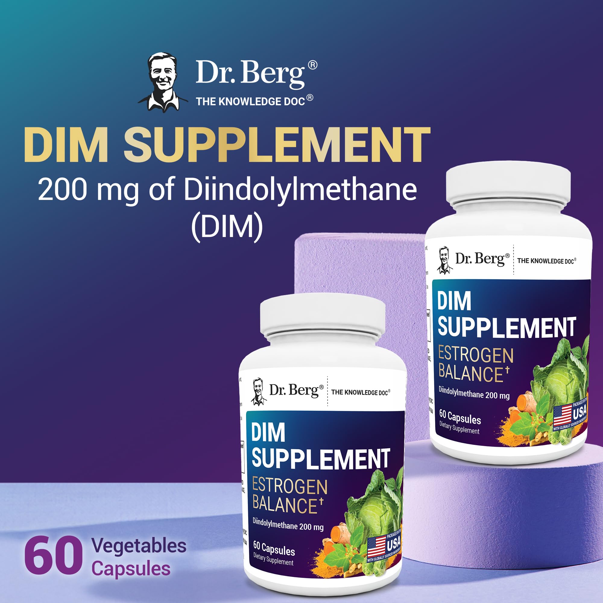 Dr. Berg DIM box packaging emphasizes natural hormone support benefits.