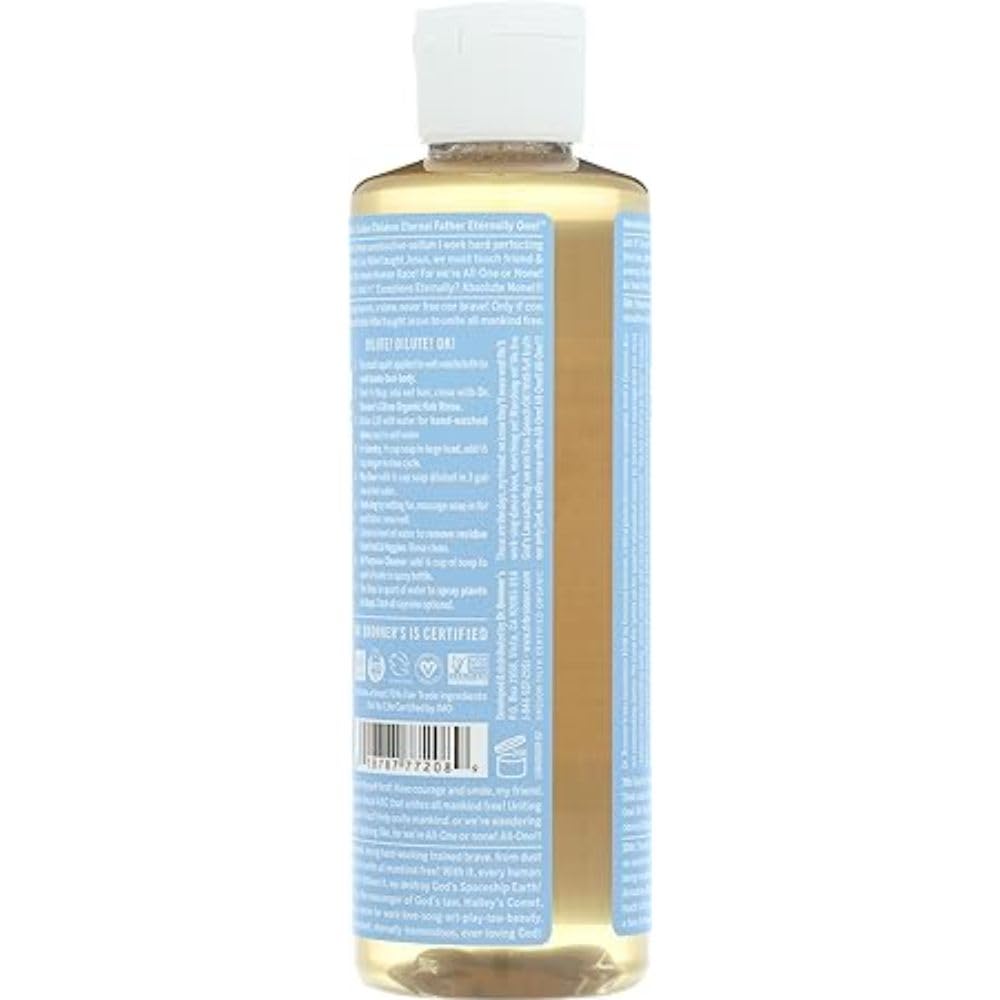 Dr. Bronner's Baby Soap label close-up highlighting organic ingredients.