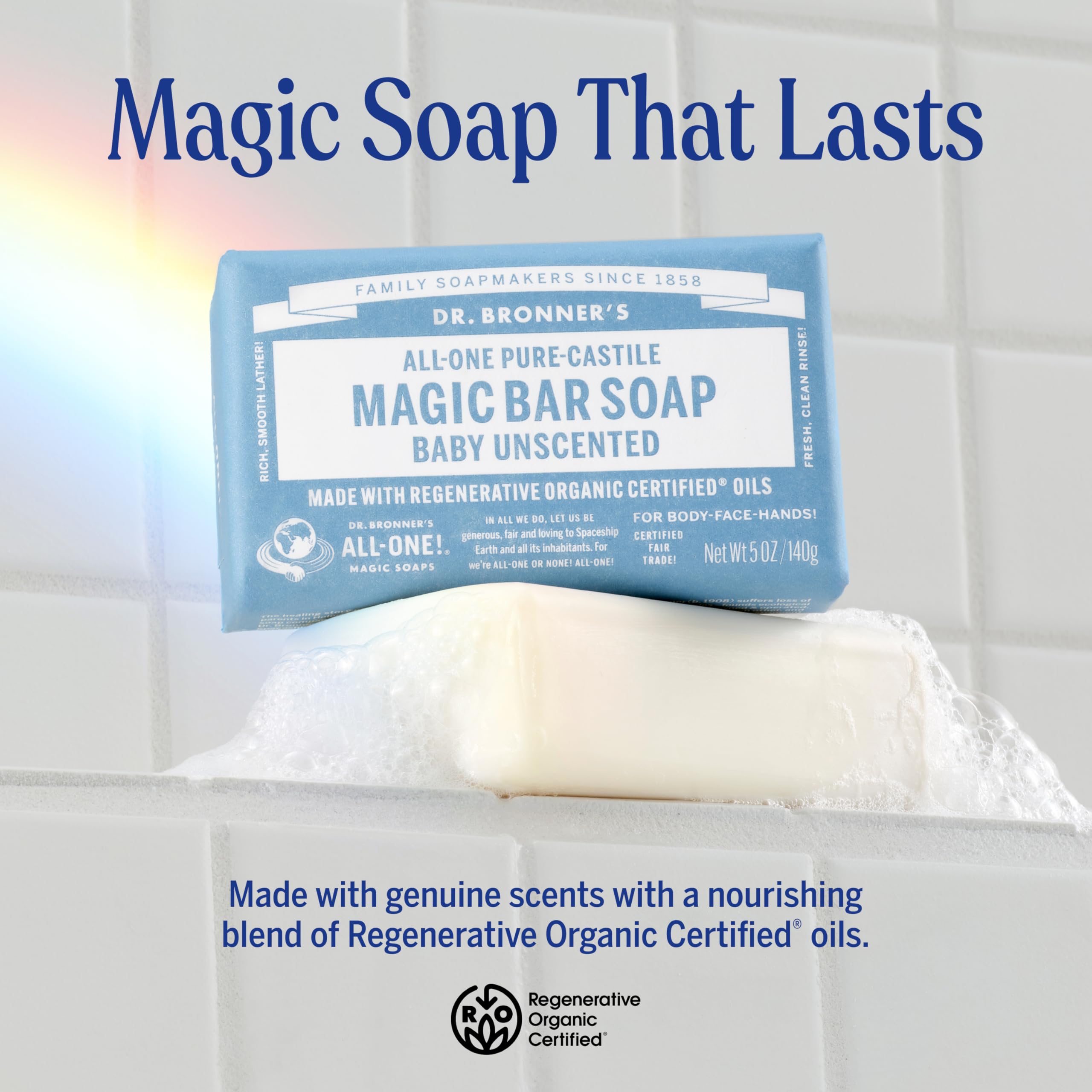 Dr. Bronner's Baby Unscented Magic Bar Soap bar detail highlights creamy lather for face, body, and hair.