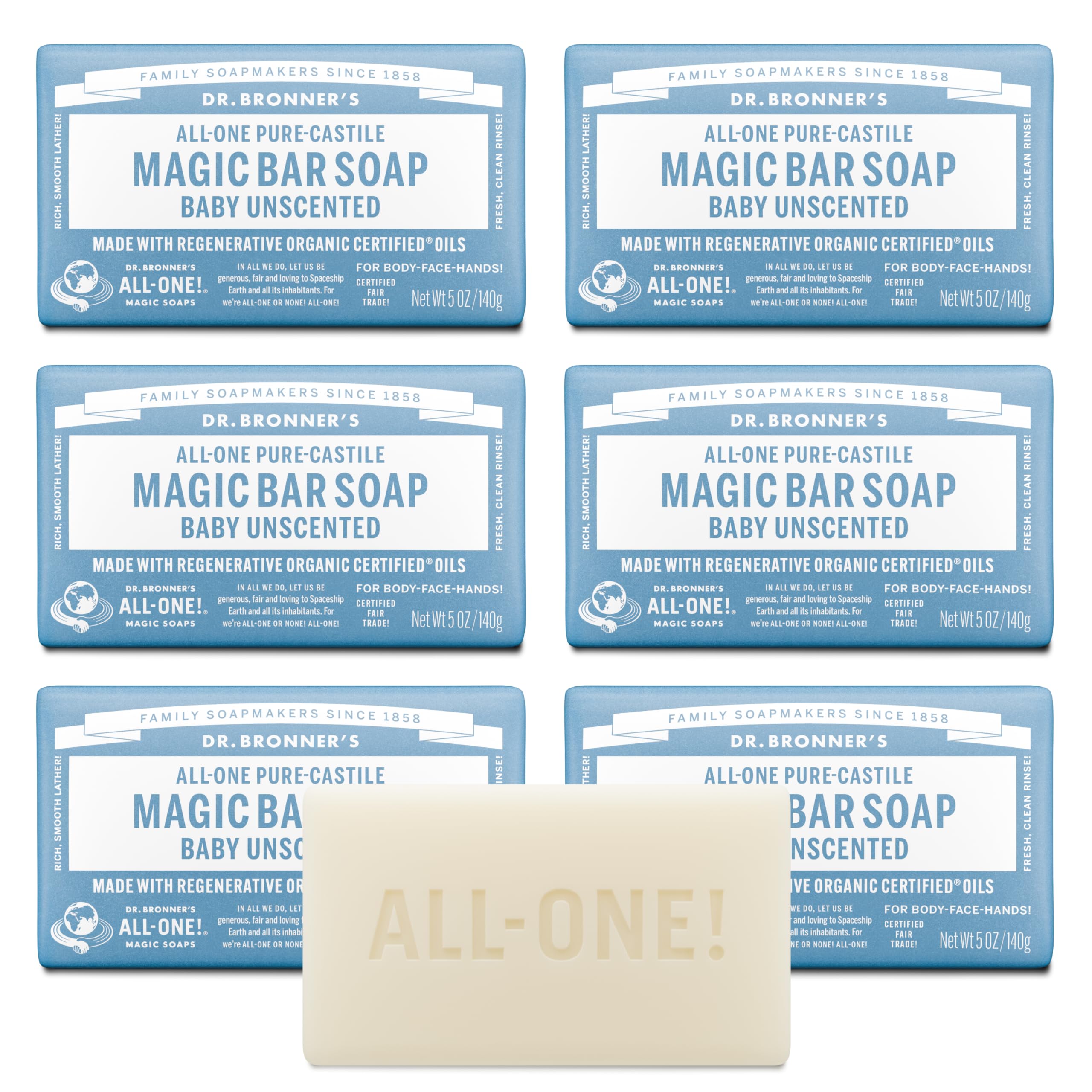Dr. Bronner's Baby Unscented Magic Bar Soap packshot shows a gentle, all-in-one cleanser option.