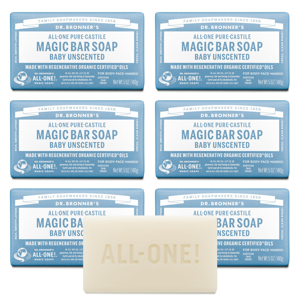 Dr. Bronner's Baby Unscented Magic Bar Soap packshot shows a gentle, all-in-one cleanser option.