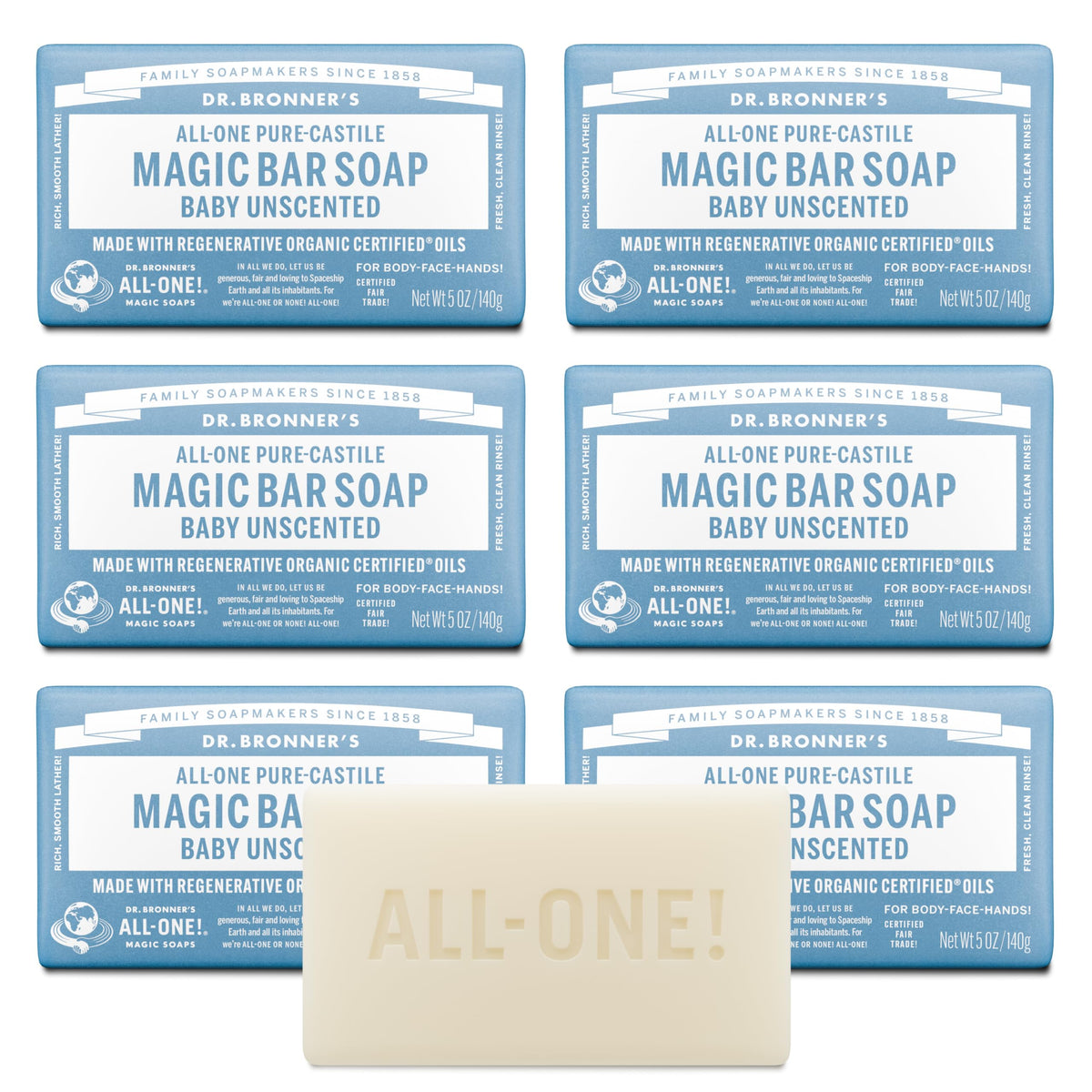 Dr. Bronner's Baby Unscented Magic Bar Soap packshot shows a gentle, all-in-one cleanser option.