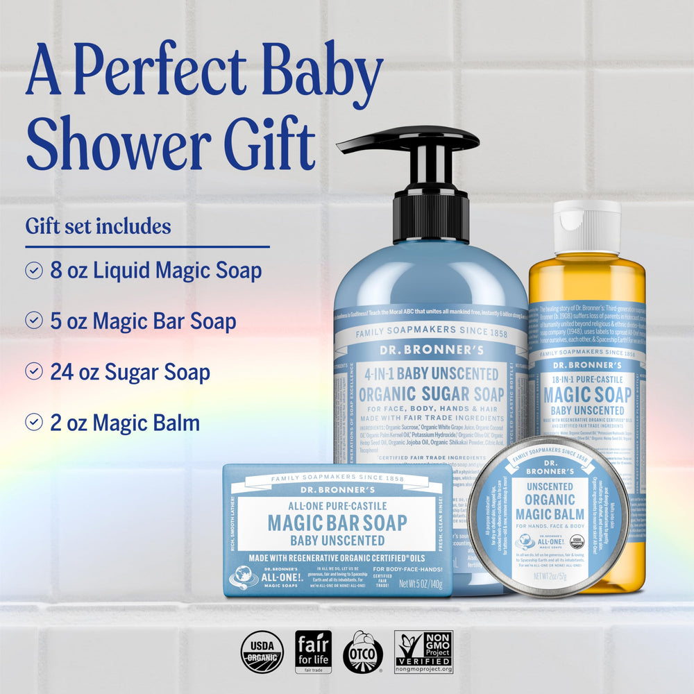 Dr. Bronner's Baby Unscented Magic Balm jar for soothing dry skin.