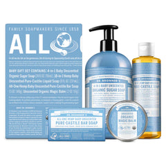 Dr. Bronner's Baby Unscented Organic Sugar Pump Soap bottle for gentle cleansing.