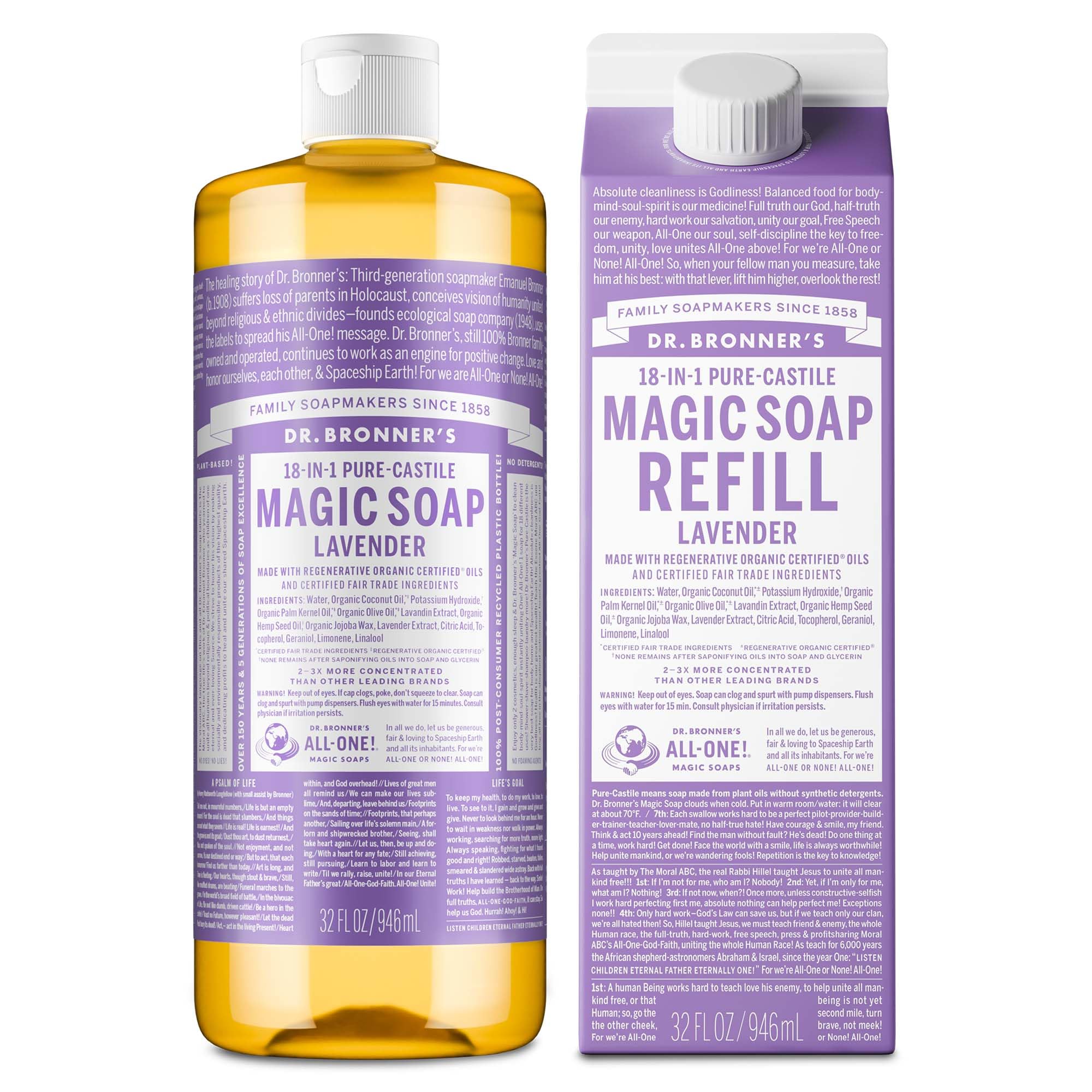 Dr. Bronner's Lavender Pure-Castile bottle front view shows rich foam for cleansing.