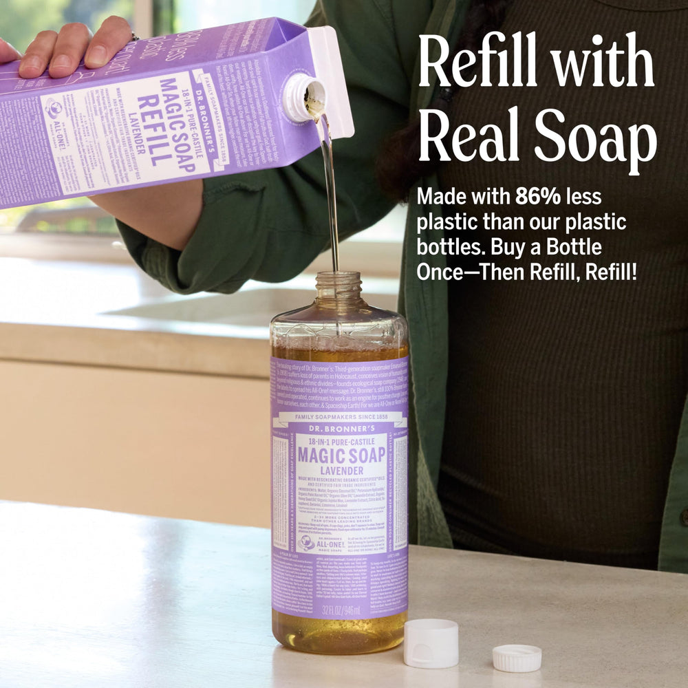 Dr. Bronner's Lavender bottle pour shot highlights gentle, skin-friendly cleansing.