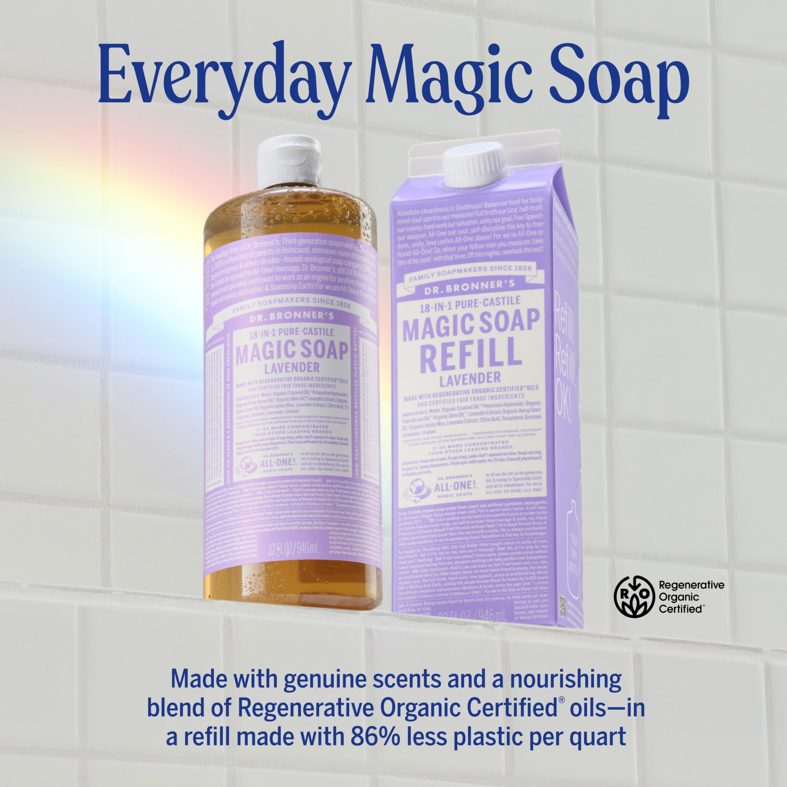Refill carton box for Dr. Bronner's Lavender promotes eco-friendly refilling.