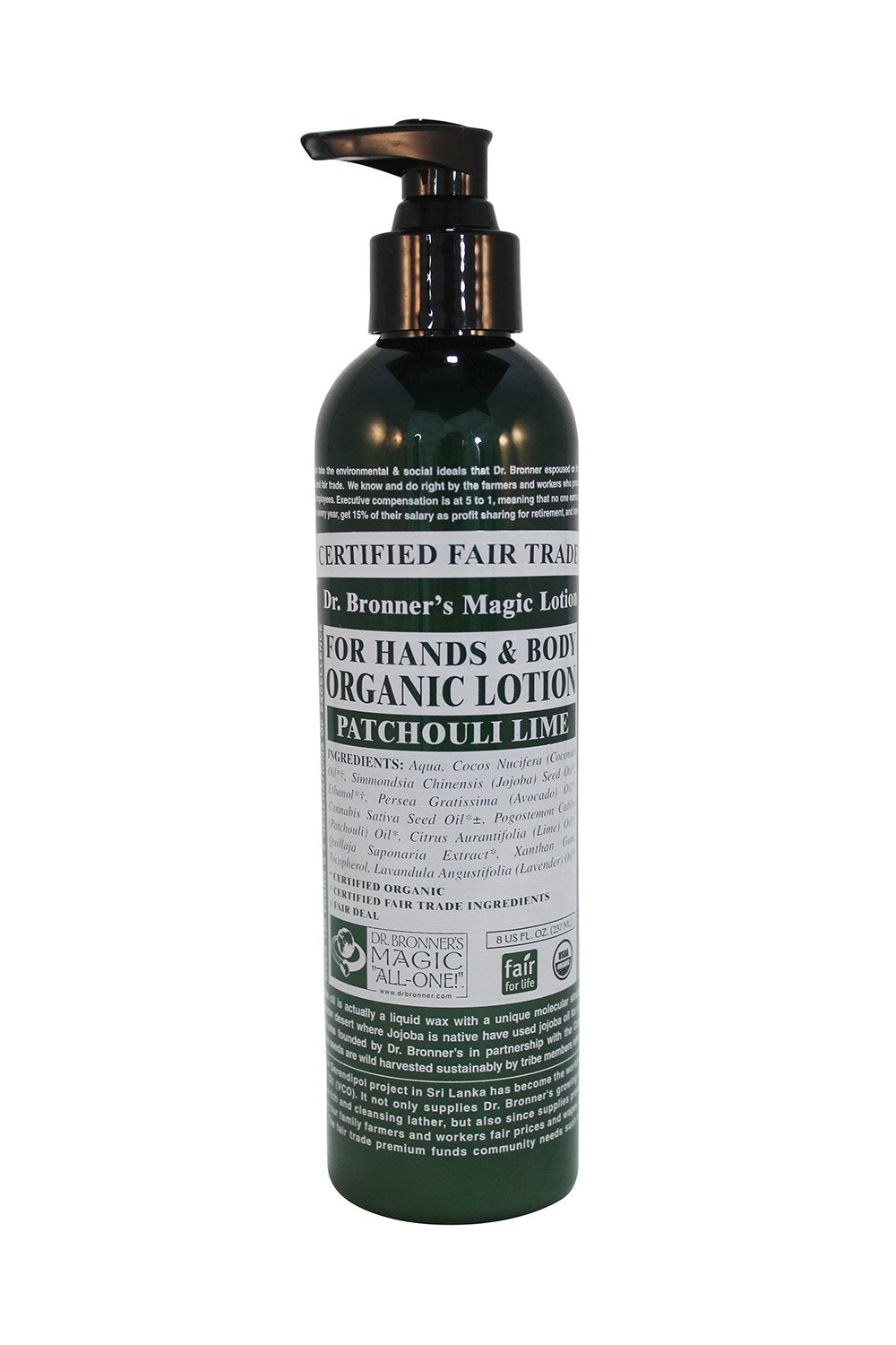 Dr. Bronner's Patchouli Lime lotion bottle highlights nourishing organic oils for smooth skin.