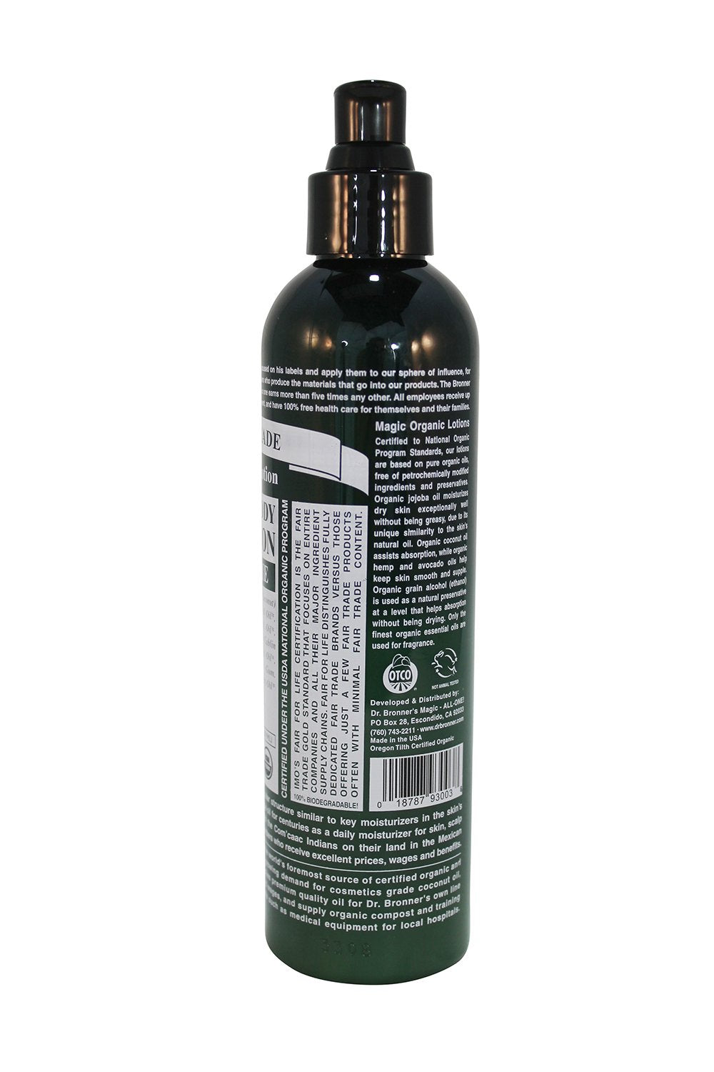 Dr. Bronner's Patchouli Lime lotion ingredients panel highlights natural oils for daily moisture.