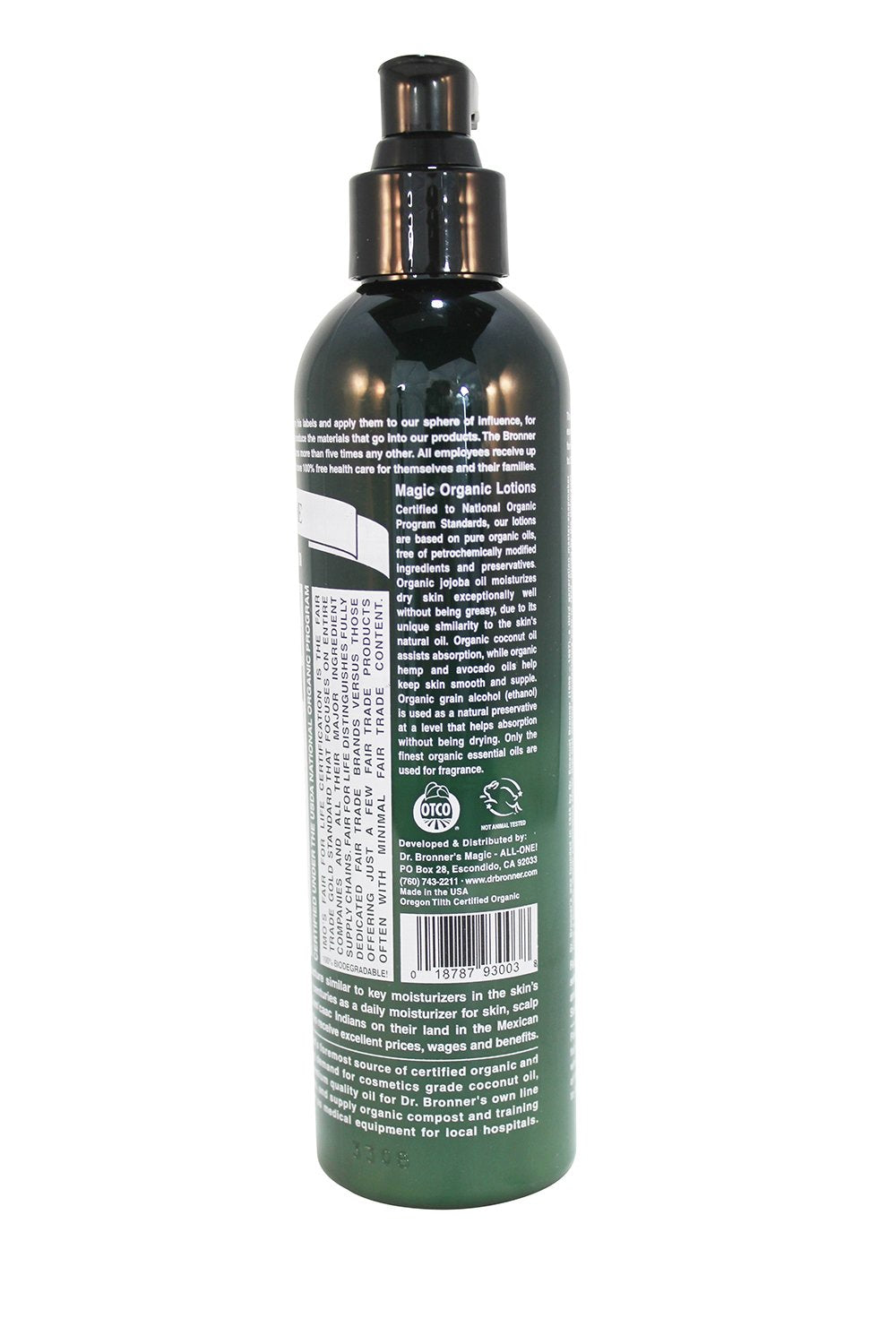 Dr. Bronner's Patchouli Lime lotion pump highlights fast absorbing hydration for all skin types.