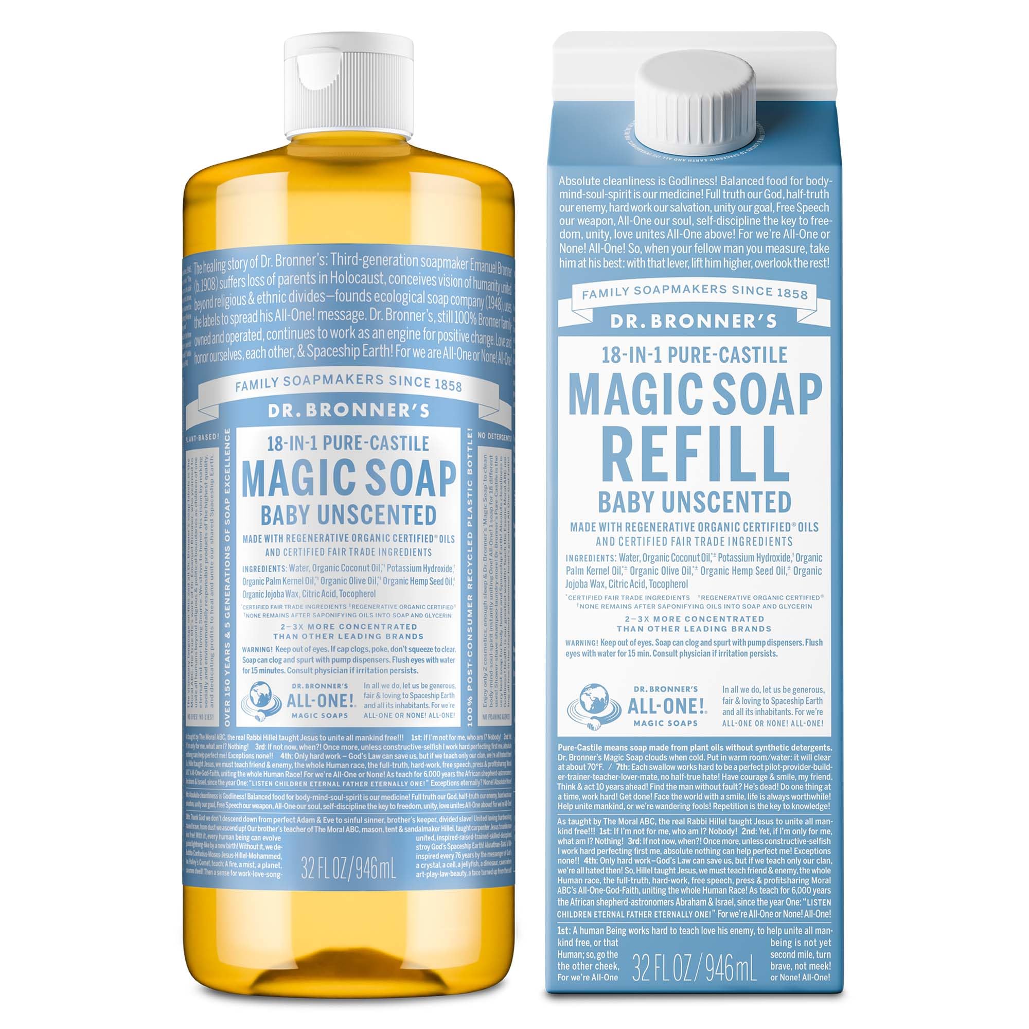 Dr. Bronner's Pure-Castile soap bottle showing versatile cleansing