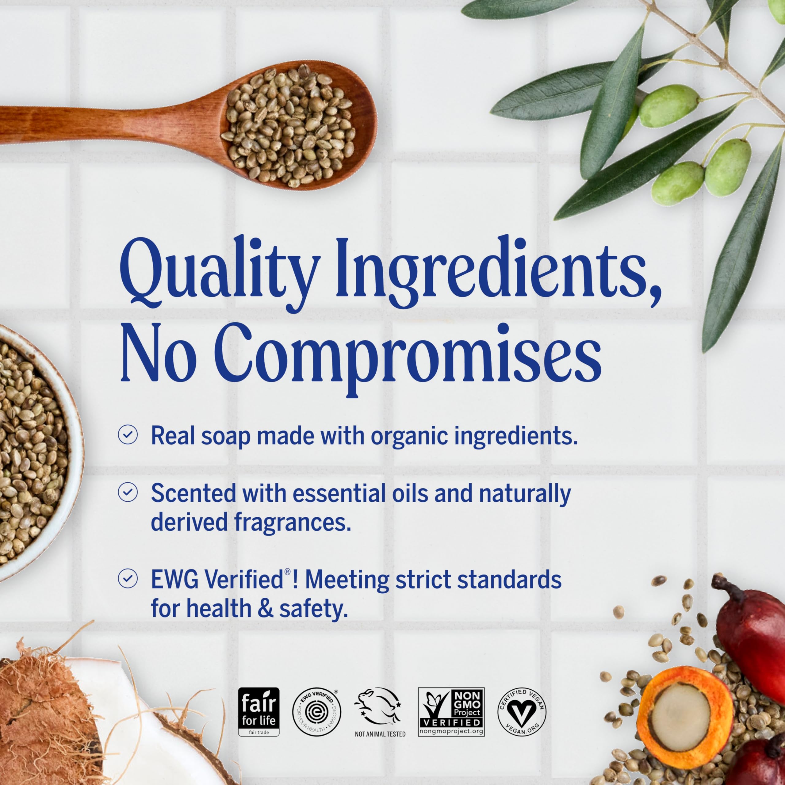 Ingredients tag shows regenerative organic oils and fair-trade sourcing.
