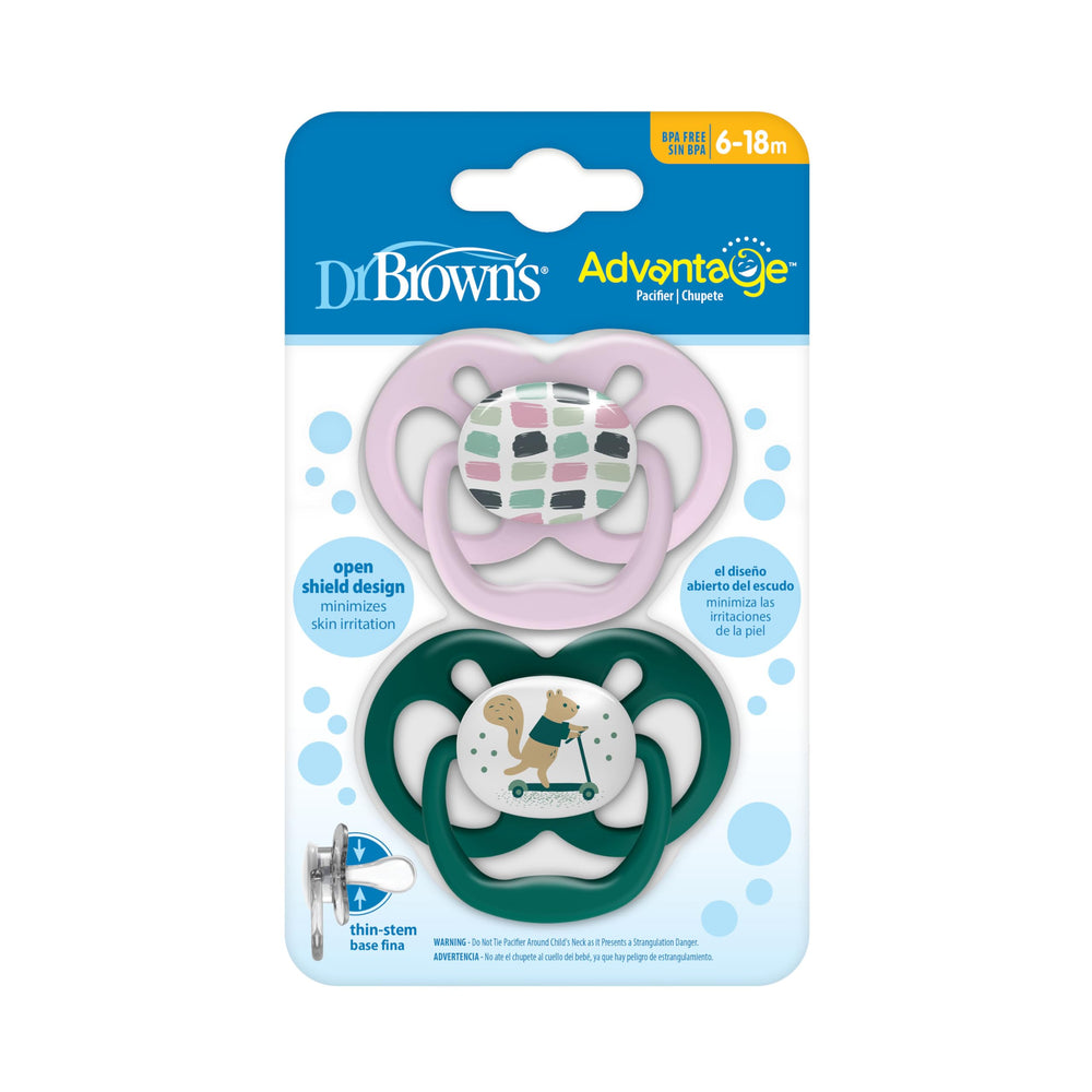Dr Brown's Advantage pacifier features soft silicone bulb for gentle soothing.