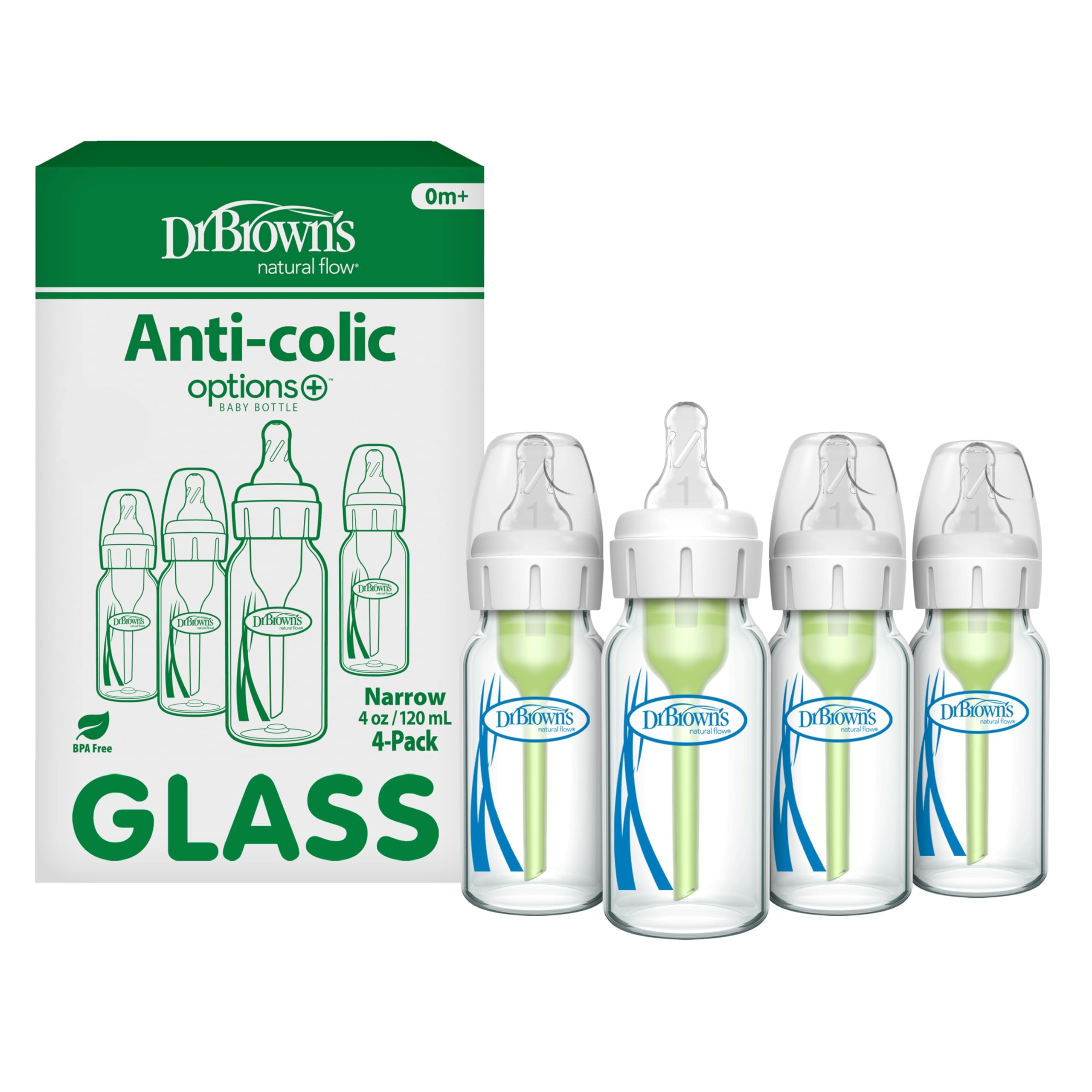 Dr. Brown's Anti-Colic glass bottle narrow front view aids easy grip during feeds