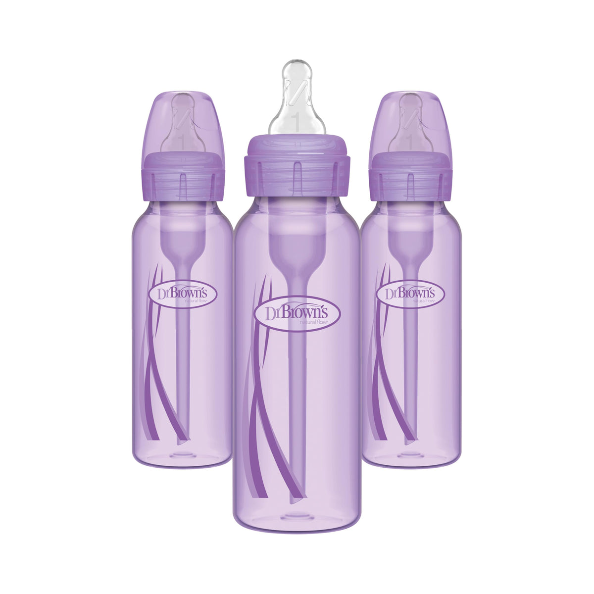 Dr. Brown's anti-colic bottle set close-up highlighting the 3-pack with purple 8 oz bottles.