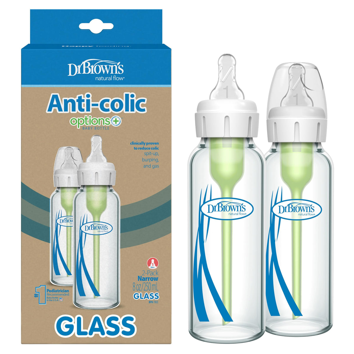 Dr. Brown's anti-colic narrow glass bottle closeup shows vent system to reduce spit-up