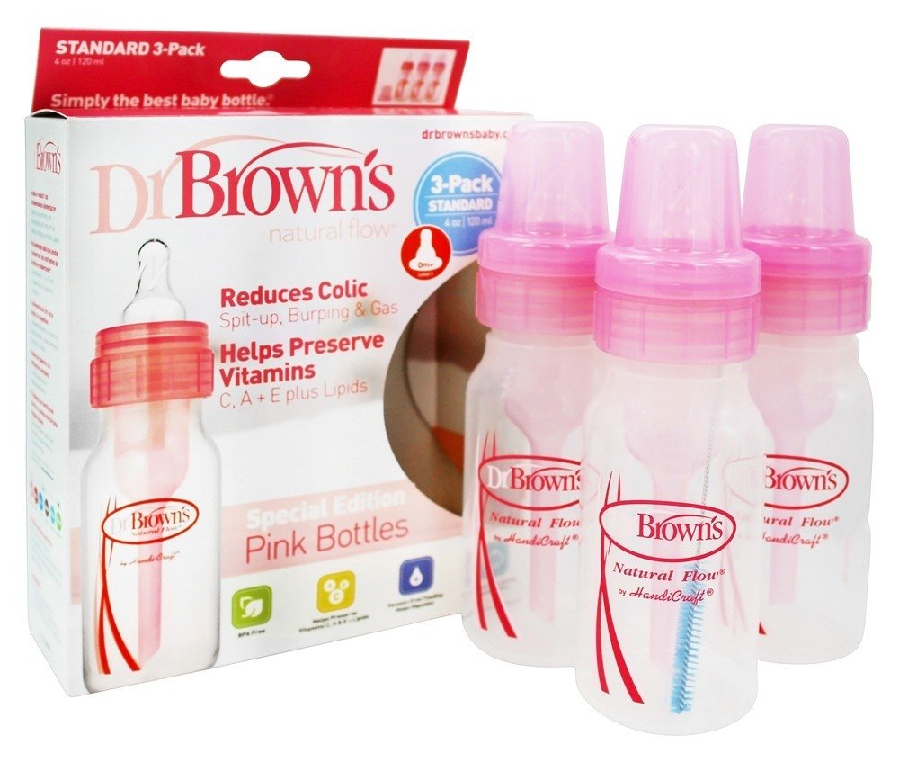Dr. Brown's 4oz pink bottle back view showing venting