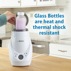 Dr. Brown's borosilicate glass bottle highlights heat resistance and thermal shock tolerance