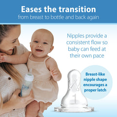 Breast-like nipple shape on Dr. Brown's bottle supports natural latch