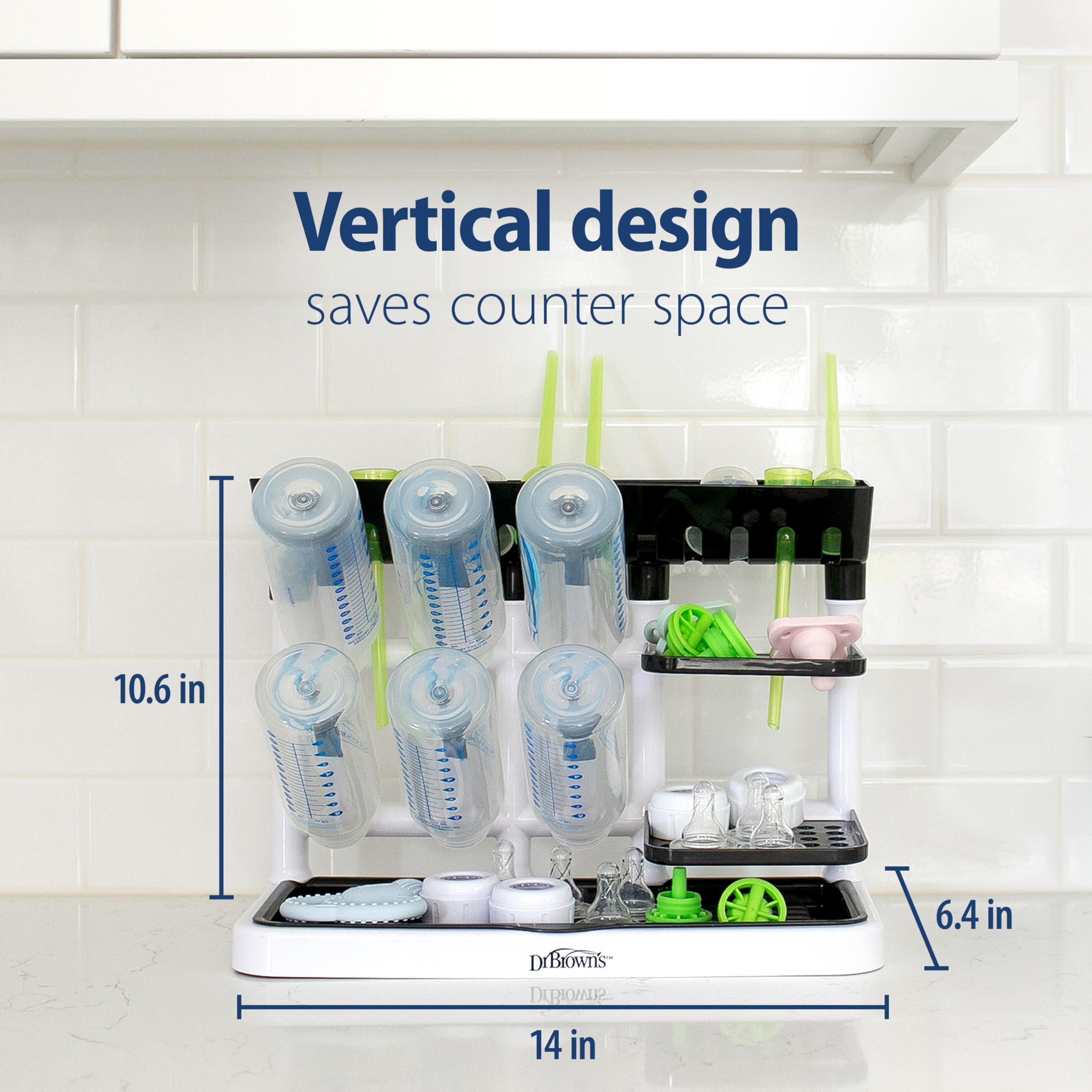 Dr. Brown's Drying Tower vertical layout supports upright bottle drying.
