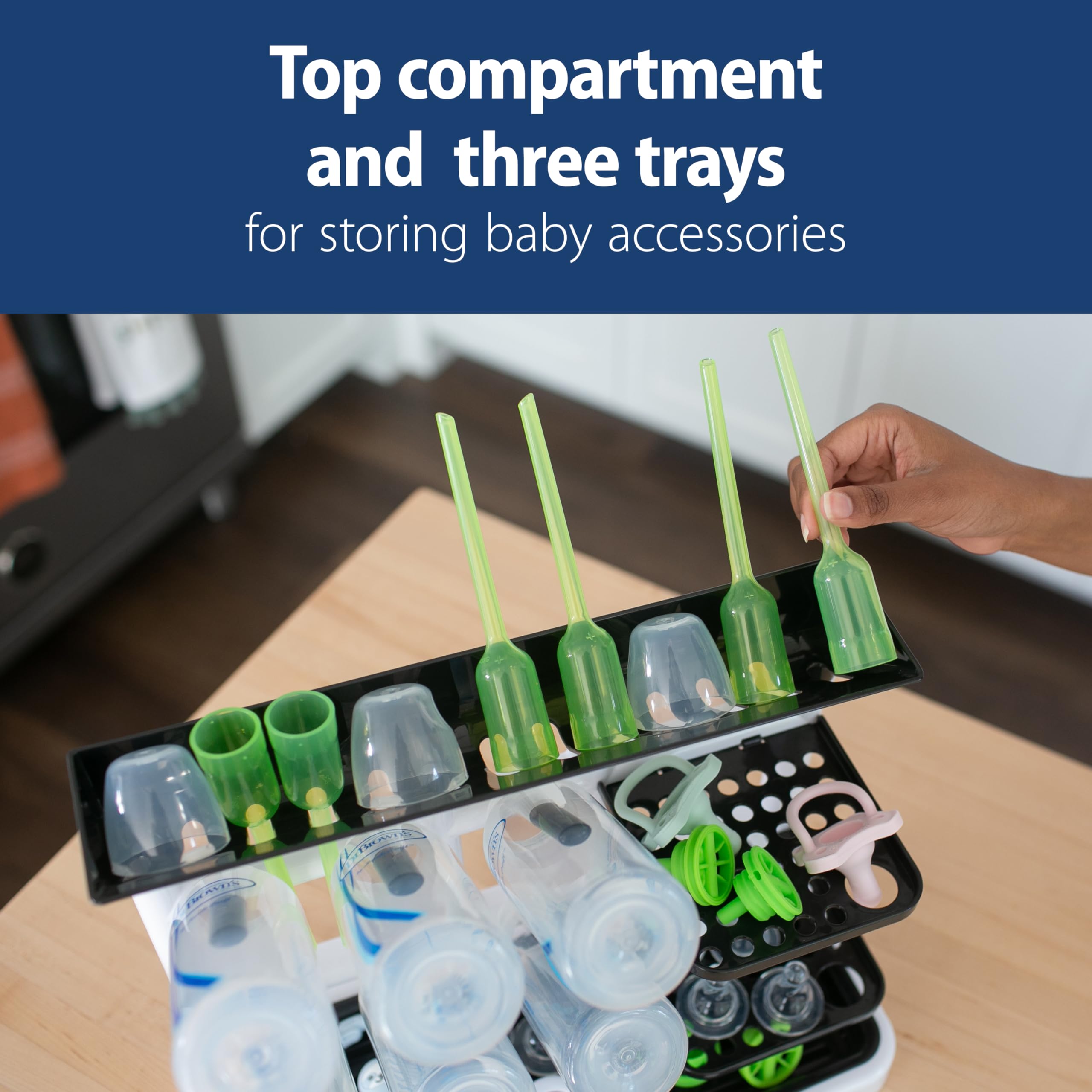 Dr. Brown's Drying Tower top hooks keep brushes handy.