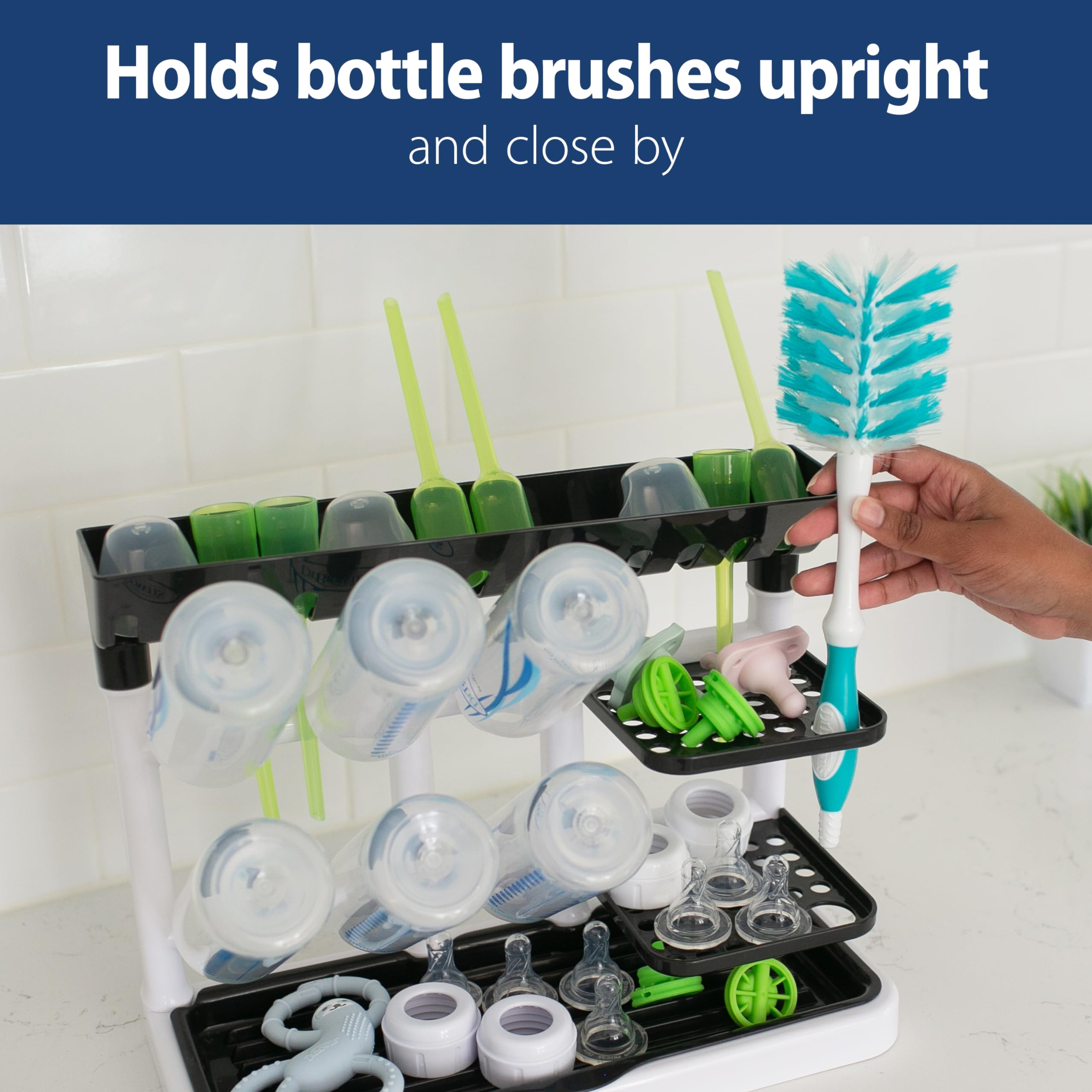 Dr. Brown's Drying Tower removable drip tray catches water for easy cleanup.