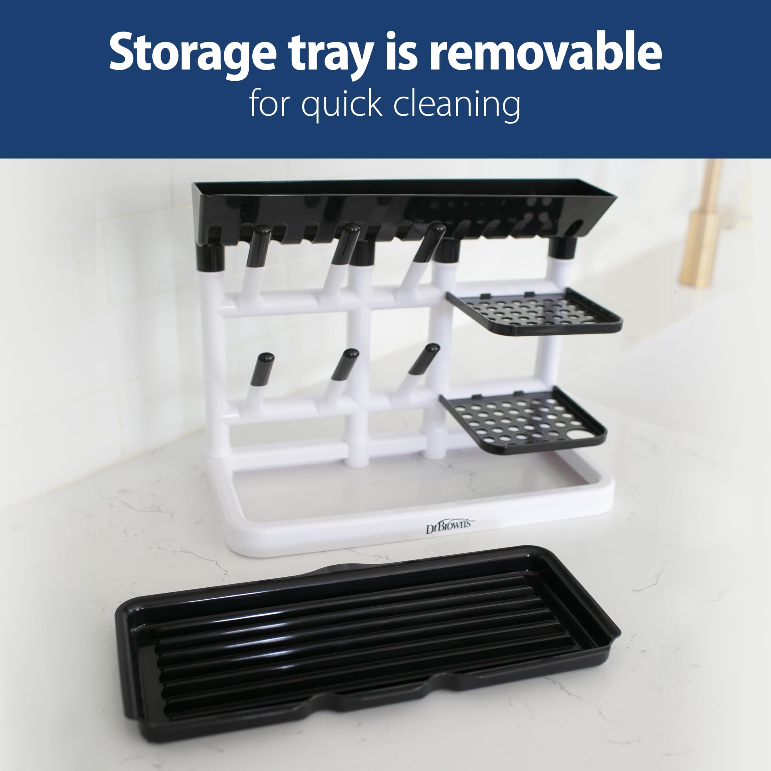 Dr. Brown's Drying Tower top compartment stores collars, lids, and nipples.