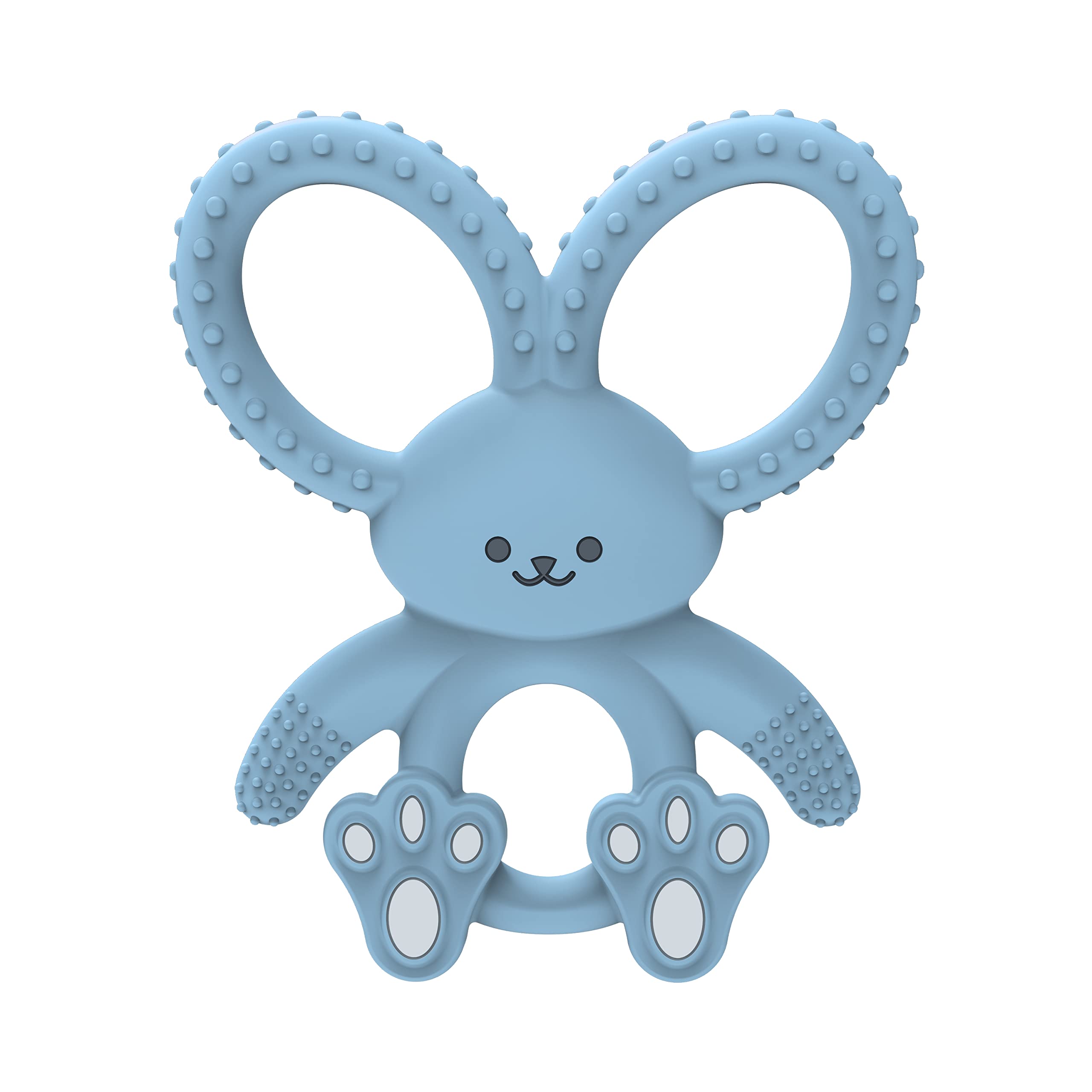 Dr. Brown's Flexees Bunny Teether in blue provides soothing silicone chew for tiny gums.