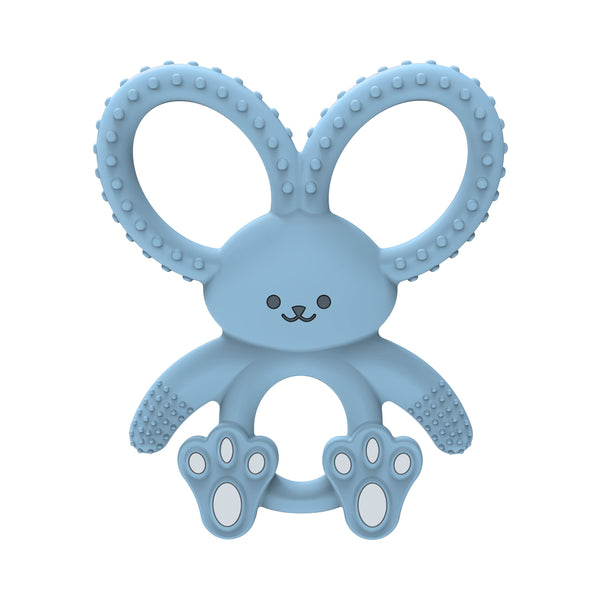 Dr. Brown's Flexees Bunny Teether in blue provides soothing silicone chew for tiny gums.