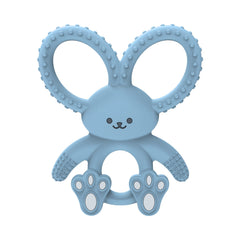 Dr. Brown's Flexees Bunny Teether in blue provides soothing silicone chew for tiny gums.