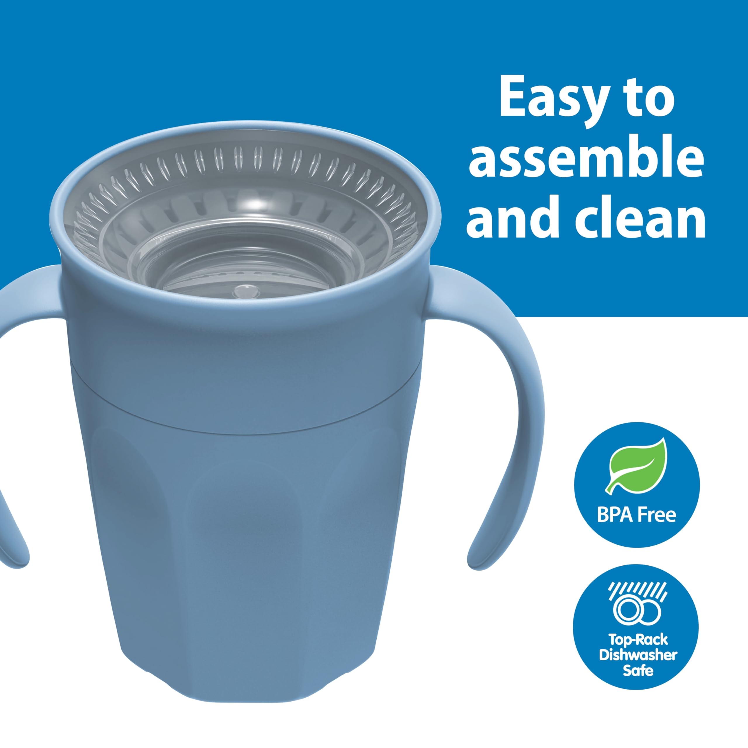 Dr. Brown's Milestones Cheers 360 top-rack dishwasher-safe, easy cleaning.