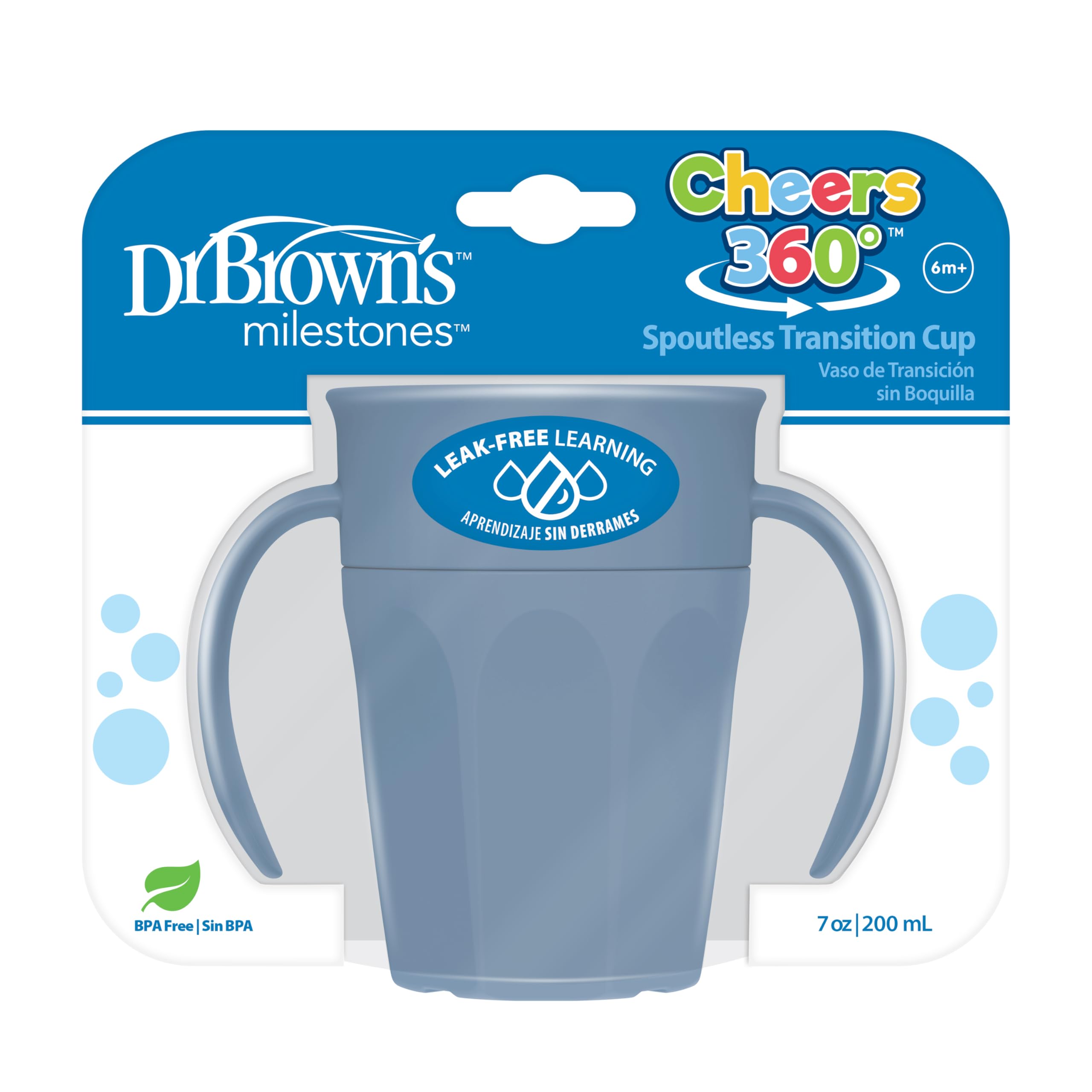 Dr. Brown's Milestones Cheers 360 front view blue 7 oz cup, easy to grip for toddlers.