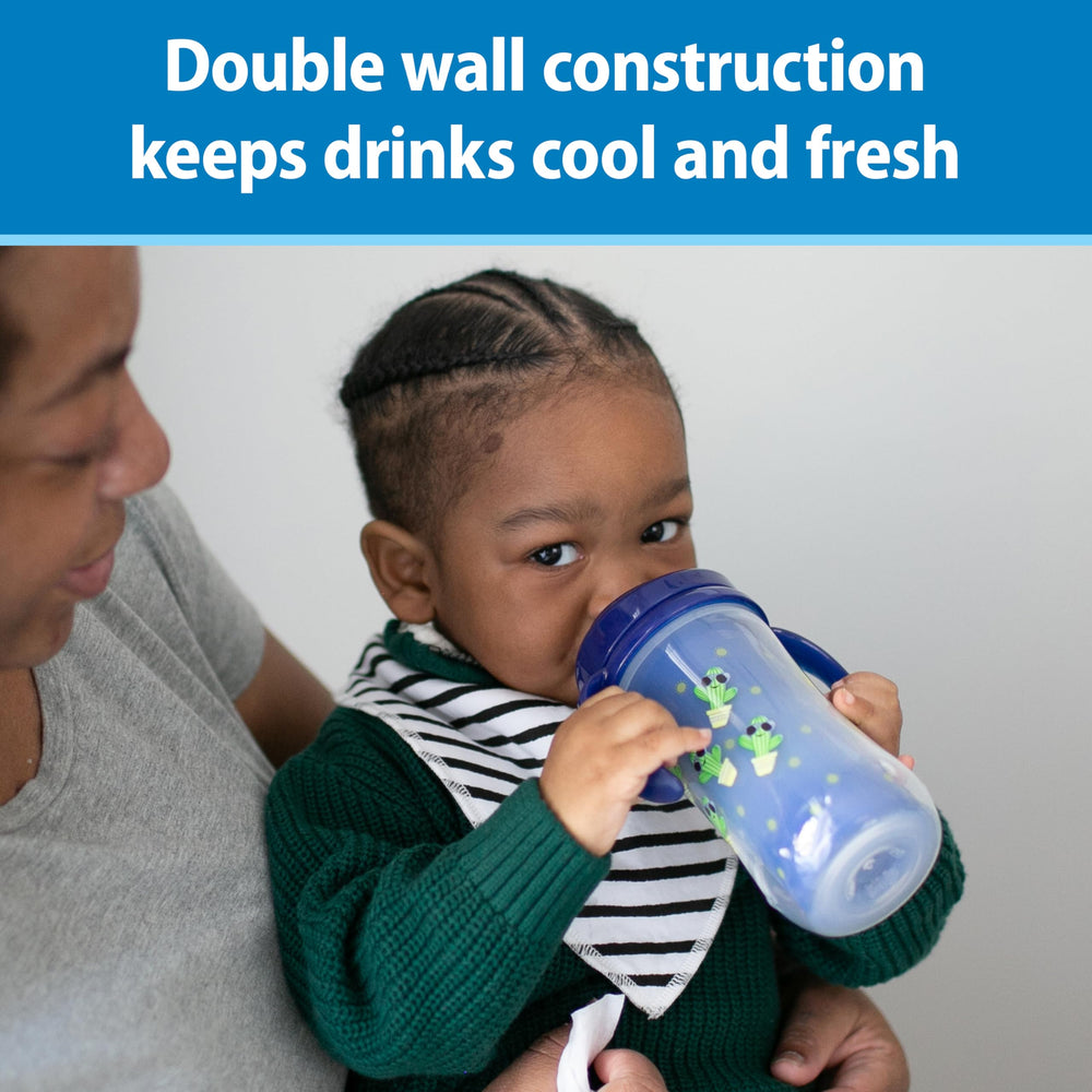 Dr Brown's Milestones blue sippy cup with removable handles for growing grip.
