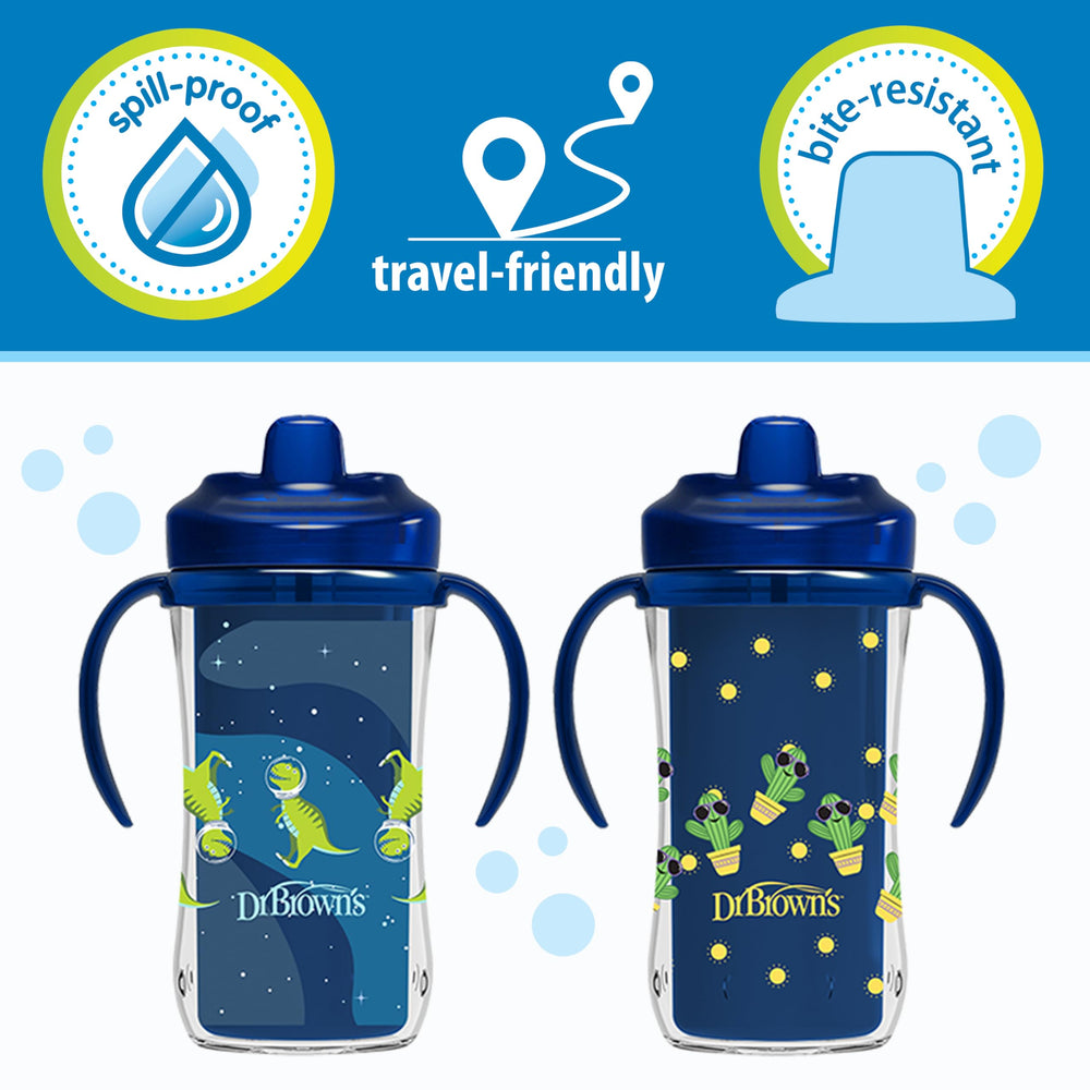 Dr Brown's Milestones spill-proof cup uses a one-way valve to reduce mess.