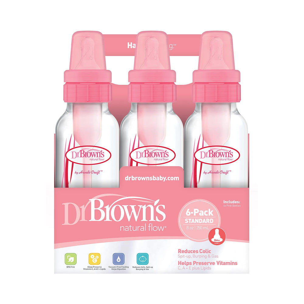 Dr. Brown's Natural Flow pink 8oz packaging highlights anti-colic design for calmer feeds.