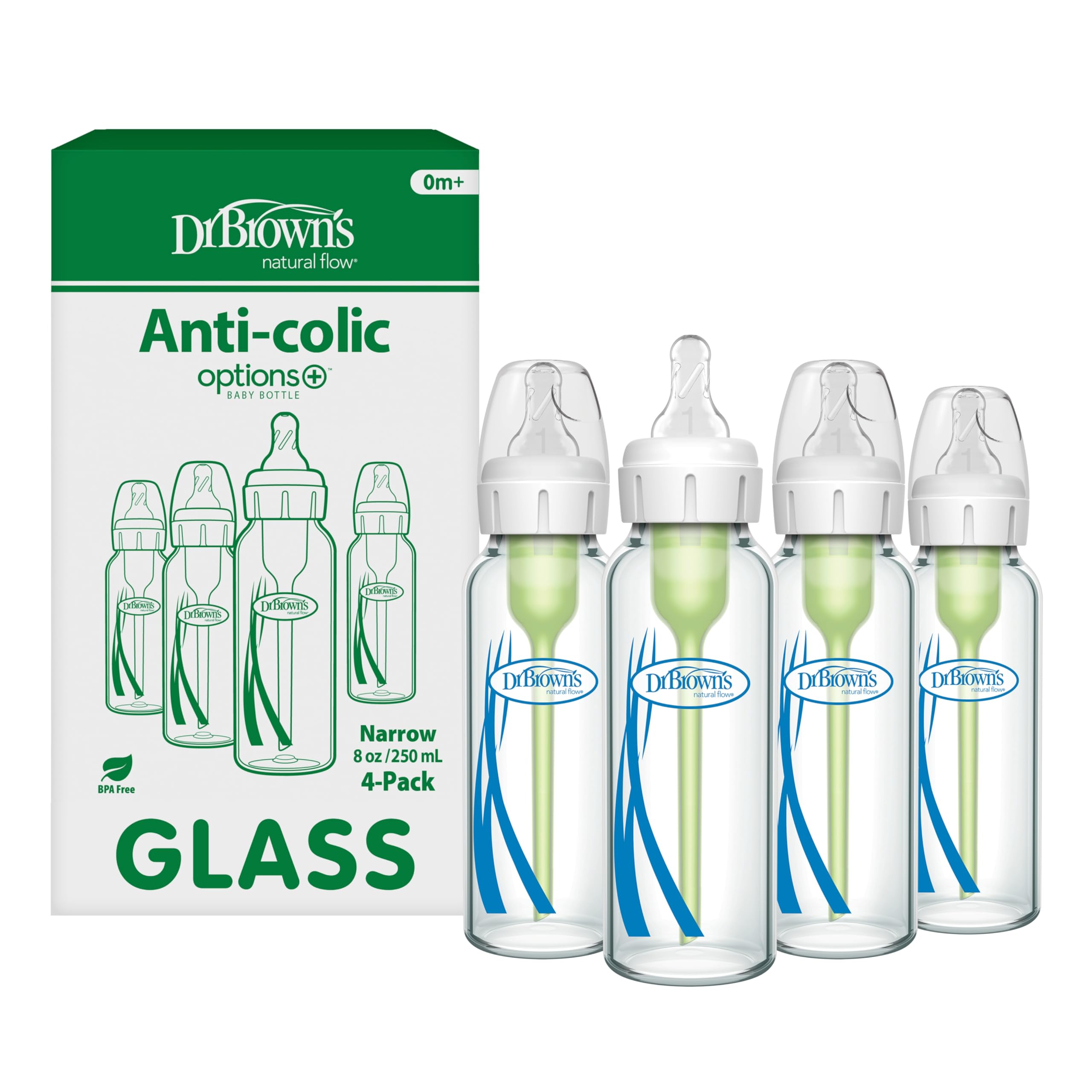 Dr. Brown's Natural Flow glass bottle front view for smooth feeding with Level 1 nipple