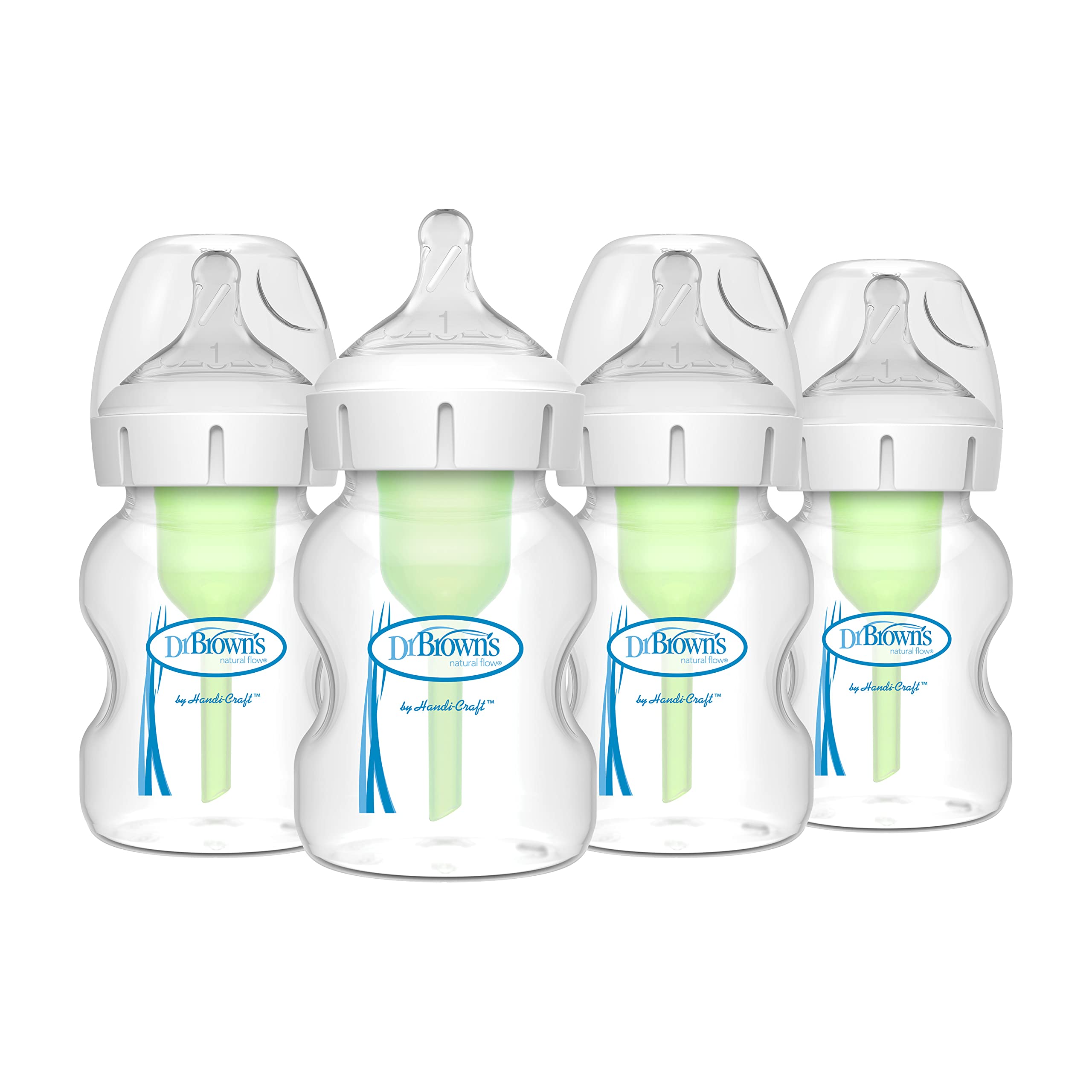 Dr. Brown’s Natural Flow anti-colic Options+ wide-neck bottle with Stage 1 slow-flow nipple in a 4-pack.