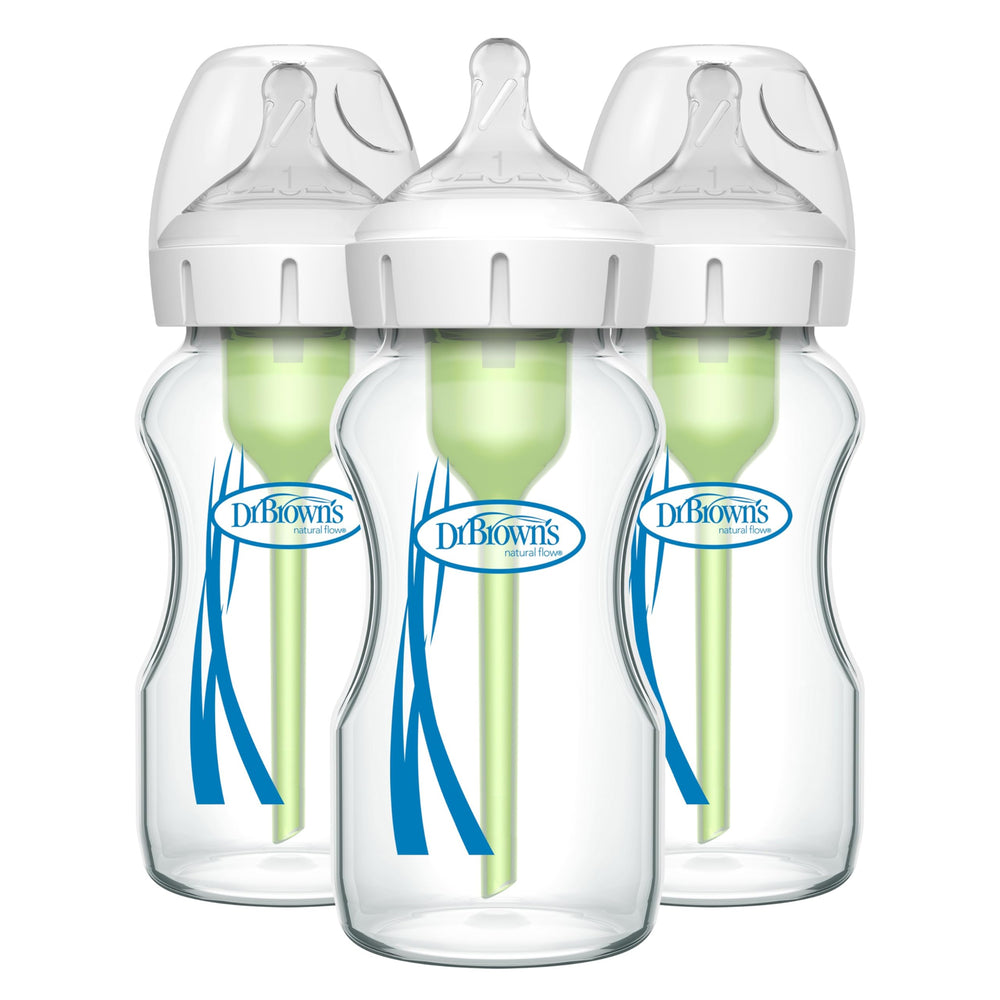 Dr. Brown's anti-colic wide-neck glass bottle with Level 1 nipple for smoother feeds.