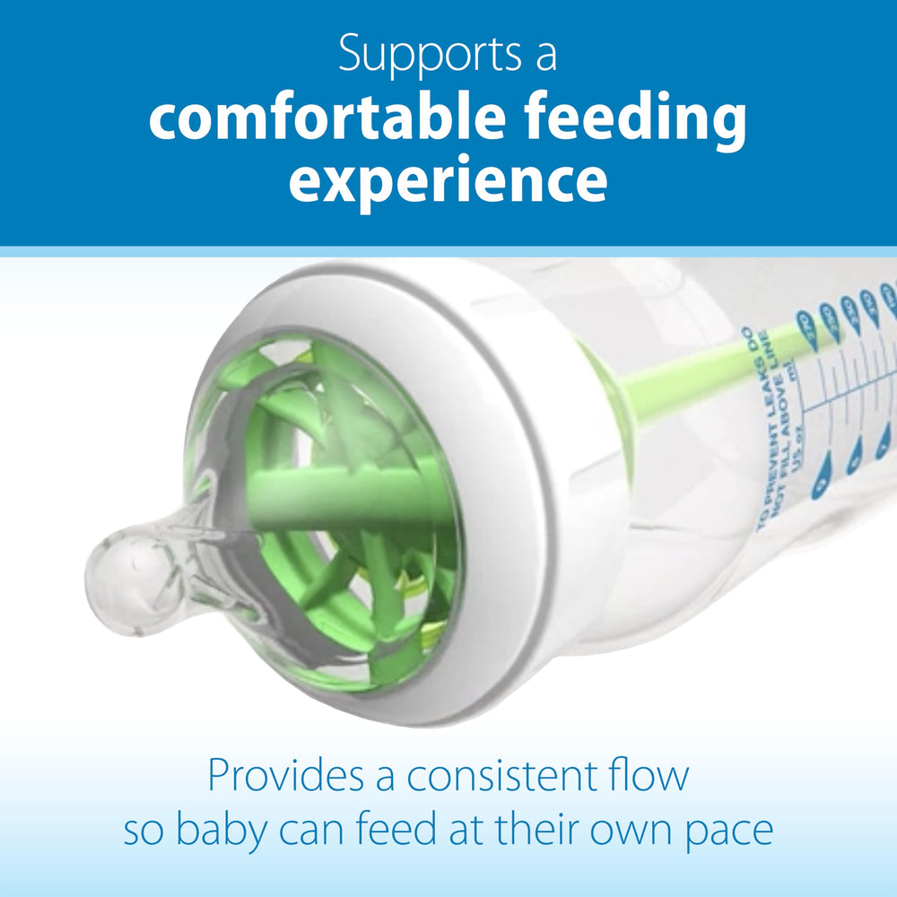 Breast-like nipple shape promotes proper latch and comfort for baby.