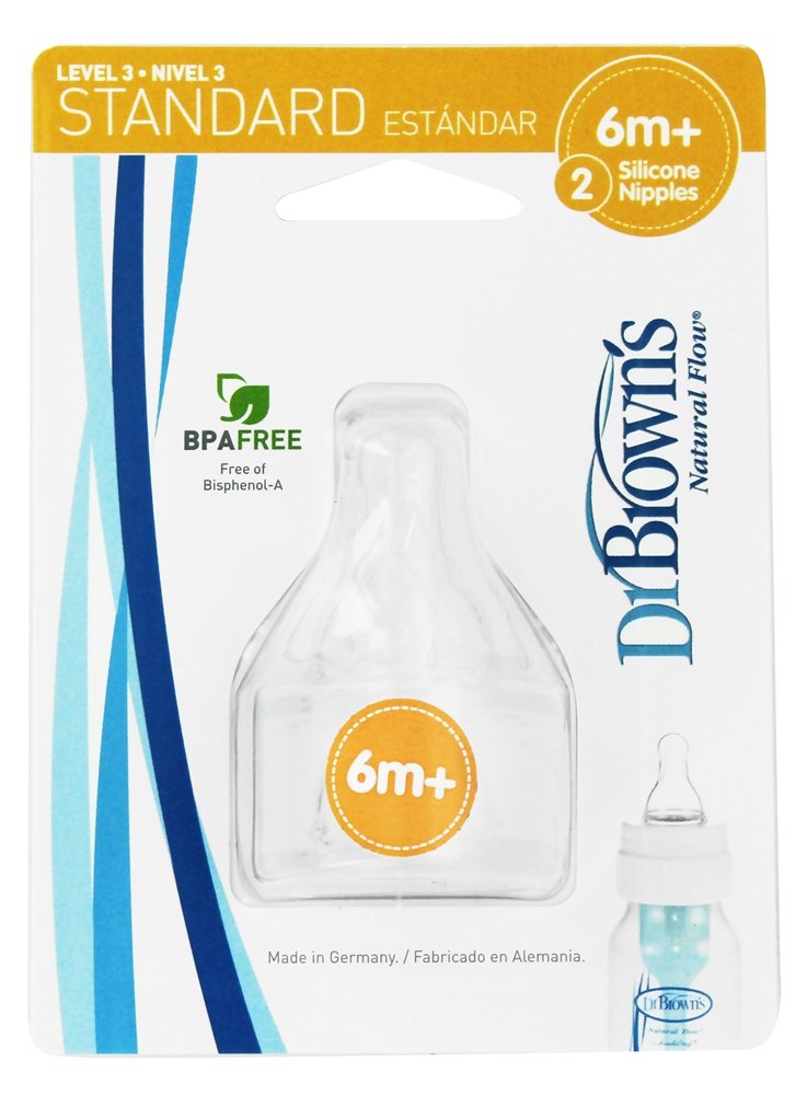 Dr Brown's Natural Flow Level 3 nipple set with six supersoft silicone nipples for standard bottles.