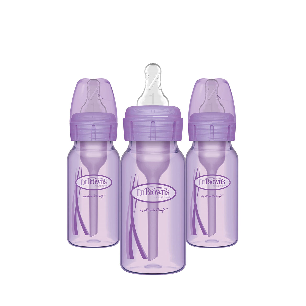 Dr. Brown's natural flow narrow bottle with lavender cap in a 4 oz three-pack for calm feeding